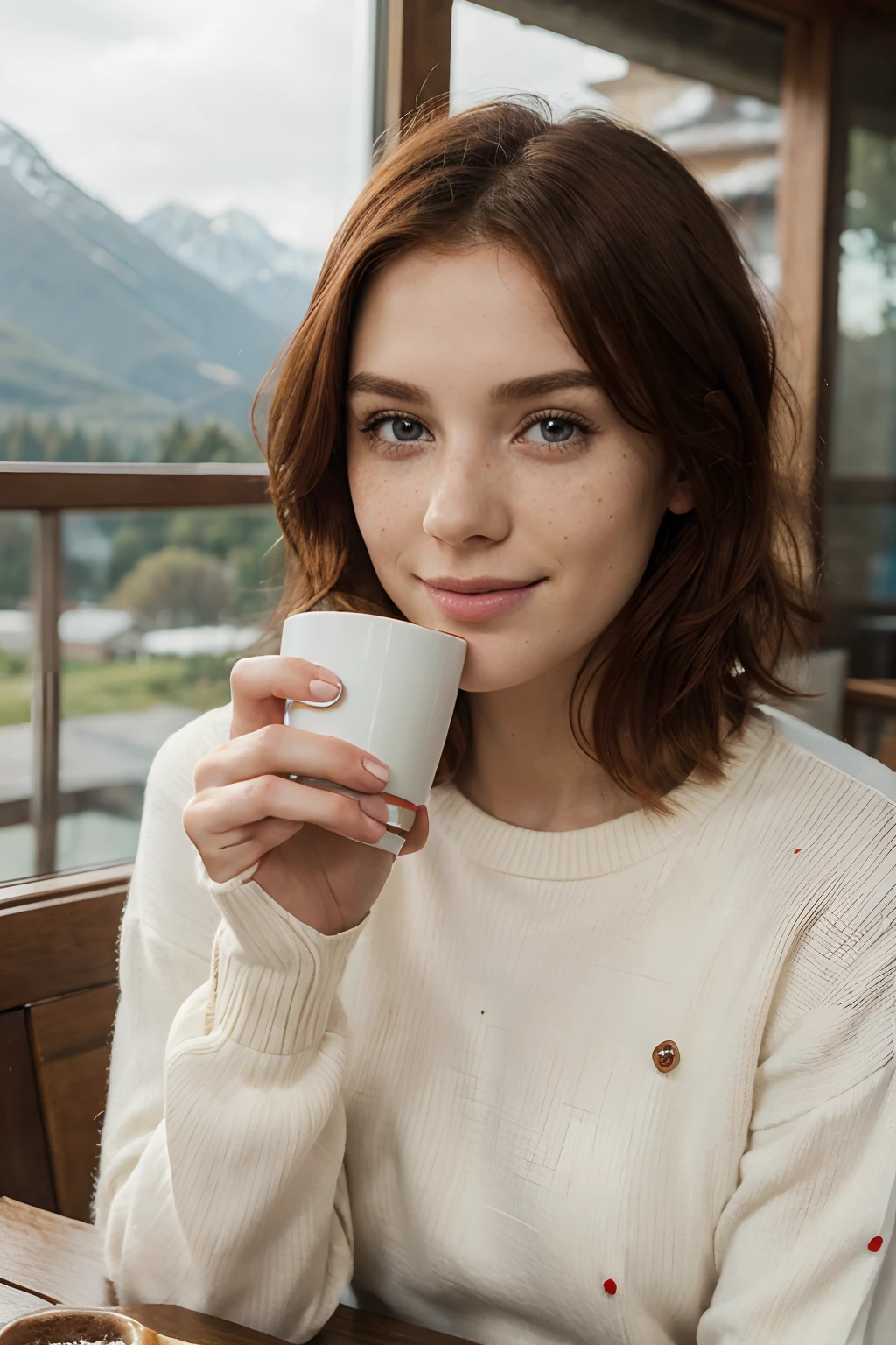 beautiful red-haired woman, freckles on her face, in red sweater, 25 years old, Innocent face, short hair, blue eyes, drinking coffee with mountains in the background, high resolution, masterpiece, Intricate details, sharp focus, Professional, 4k, charming smile , taken with Canon, 85mm, Light depth of field, Kodak Vision Color, Perfectly Fitted Body, 8k