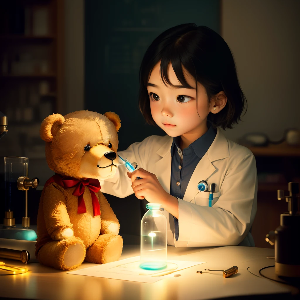 consulting a teddy bear with a lab coat and a doctor's stescope