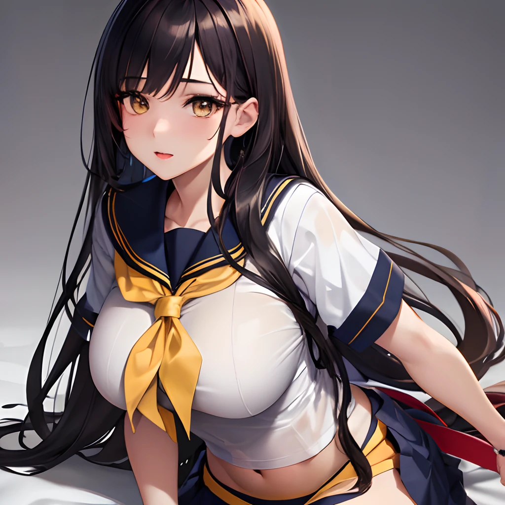 masterpiece, best quality, extremely detailed cg unity 8k wallpaper, high-quality, ultra-detailed, depth of field,beautiful detailed skin, beautiful detailed body,beautiful detailed eyes,sparkling eyes,drooping eyes,beautiful detailed face,cute face,1 mature women,dark hair,yellow eyes,(sailor uniform,(white short sleeve shirt,navy blue collar,(red chest ribbon:0.8),mini skirt)),huge breasts,