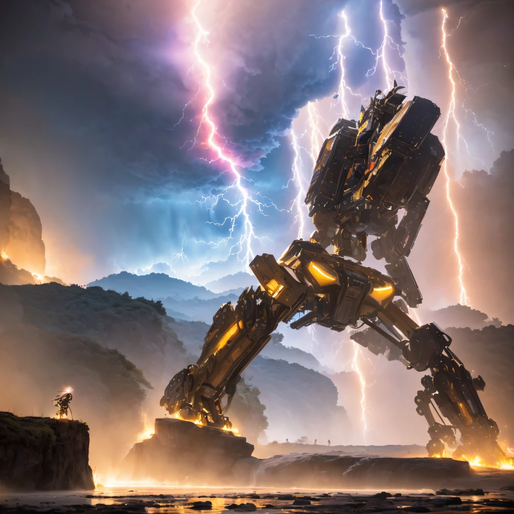 ((ultra real detailed.mecha-girl) (Masterpiece, Top quality, Best quality, offcial art, Beauty and aesthetics: 1.2), Very detailed, Colorful, Most detailed, branches,mecha-girl, （Mards）mecha-girl（canyons）， （Linen Future Mecha Girl）， Angry fighting stance， looking at the ground， Batik linen bandana， Crane pattern long sleeve garment，Mecha Maiden Canyon（Abstract propylene splash：1.2）， Dark clouds lightning background，Sprinkle with gold mecha girl powder（realisticlying：1.4），Black color hair，Flour fluttering，rainbow background， A high resolution， the detail， RAW photogr， Sharp Re， Nikon D850 Film Stock Photo by Jefferies Lee 4 Kodak Portra 400 Camera F1.6 shots, Rich colors, ultra-realistic vivid textures, Dramatic lighting, Unreal Engine Art Station Trend, cinestir 800，Flowing black hair,（（（mecha-girl）））