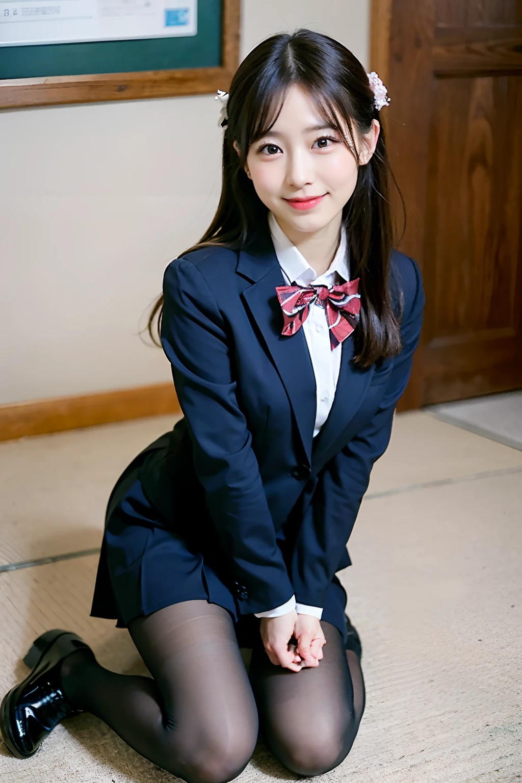 Professional, (4k photos:1.1) 、there is a woman in a suit and bow tie sitting on the floor, bent at the knees、Open your legs、Wear ultra-realistic pantyhose、Cute Schoolgirl,  Seifuku, a hyperrealistic schoolgirl, in a strict suit, Smile of shame、Japan school uniform, School Girl, dressed as schoolgirl, japanese girl school uniform, Girl in suit