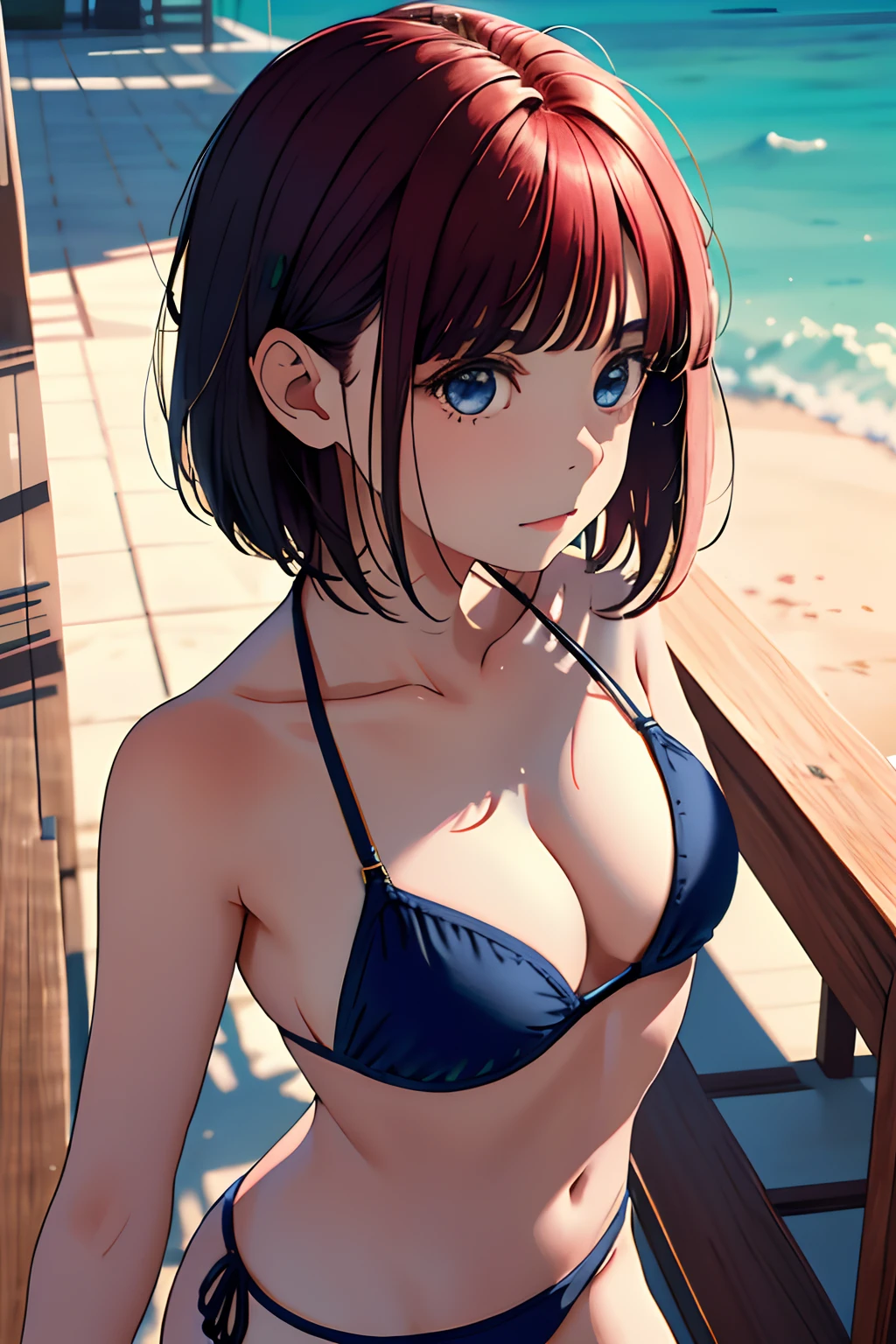 obra maestra, mejor calidad, highres, nn1, 1girl, cinta de pelo, pelo corto, 1girl, solo, Bikini, Muslos anchos, pechos grandes, en sala de estar, mirando al espectador,