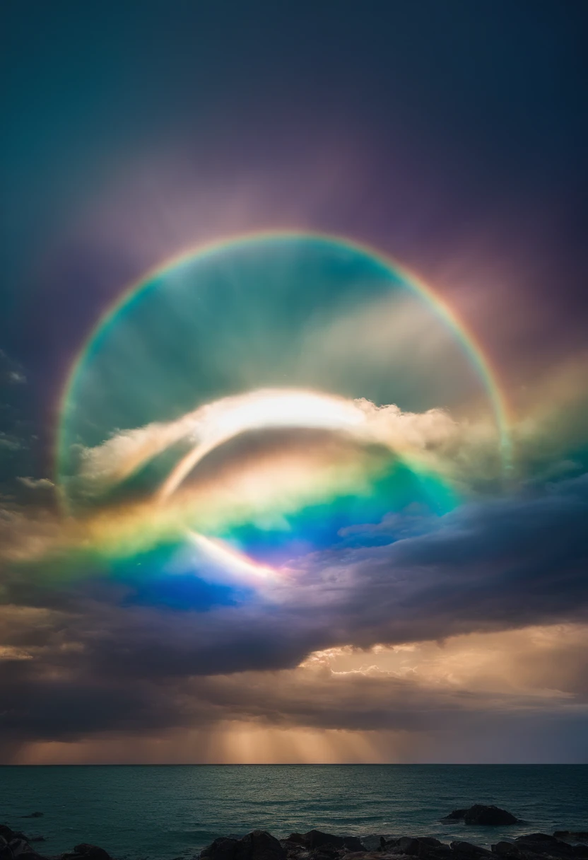 Close up of iridescent circle in the sky. The scene features a rainbow resembling air.、Full of iridescent clouds. This is such a colorful haven. Clouds are iridescent、Illuminated by the holy halo. The scene has、Also included are clear iridescent galaxies and stormy seas. I see a rainbow in the sky, Surrounded by synchrotron halos. The scene has、There are also ethereal rainbow nimbass and bright rainbow ninbus, As well as prism halo. A space that shines in rainbow colors, Illuminated by the light of heaven. This is、One of the most beautiful images ever created.