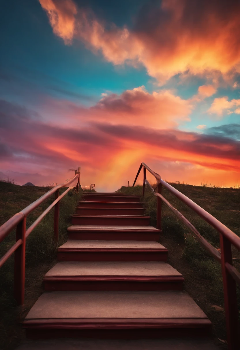 Close-up of the stairs leading to the rainbow sky, A very colorful staircase to heaven. The sky is full of iridescent clouds. This staircase leads from hell to heaven, Reflecting the Colors of Heaven. Rainbow clouds lead you to a colorful sky. This road is known as the Rainbow Trail, Looks like iridescent eyes. The scene is full of beautiful colors, colorful skies, Rainbow Color, Heaven, Psychedelic sky, colorful image, And great colors.
