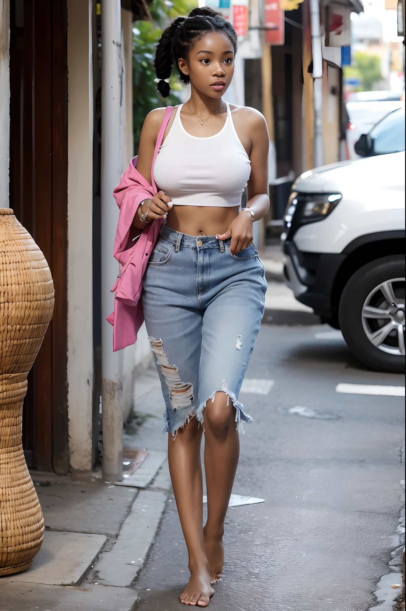 Full body view of an Afro-descendant woman with Nago hair tied in a pigtail in an African city,Barefoot,Raised sexy,Bigboobs,Broken clothes