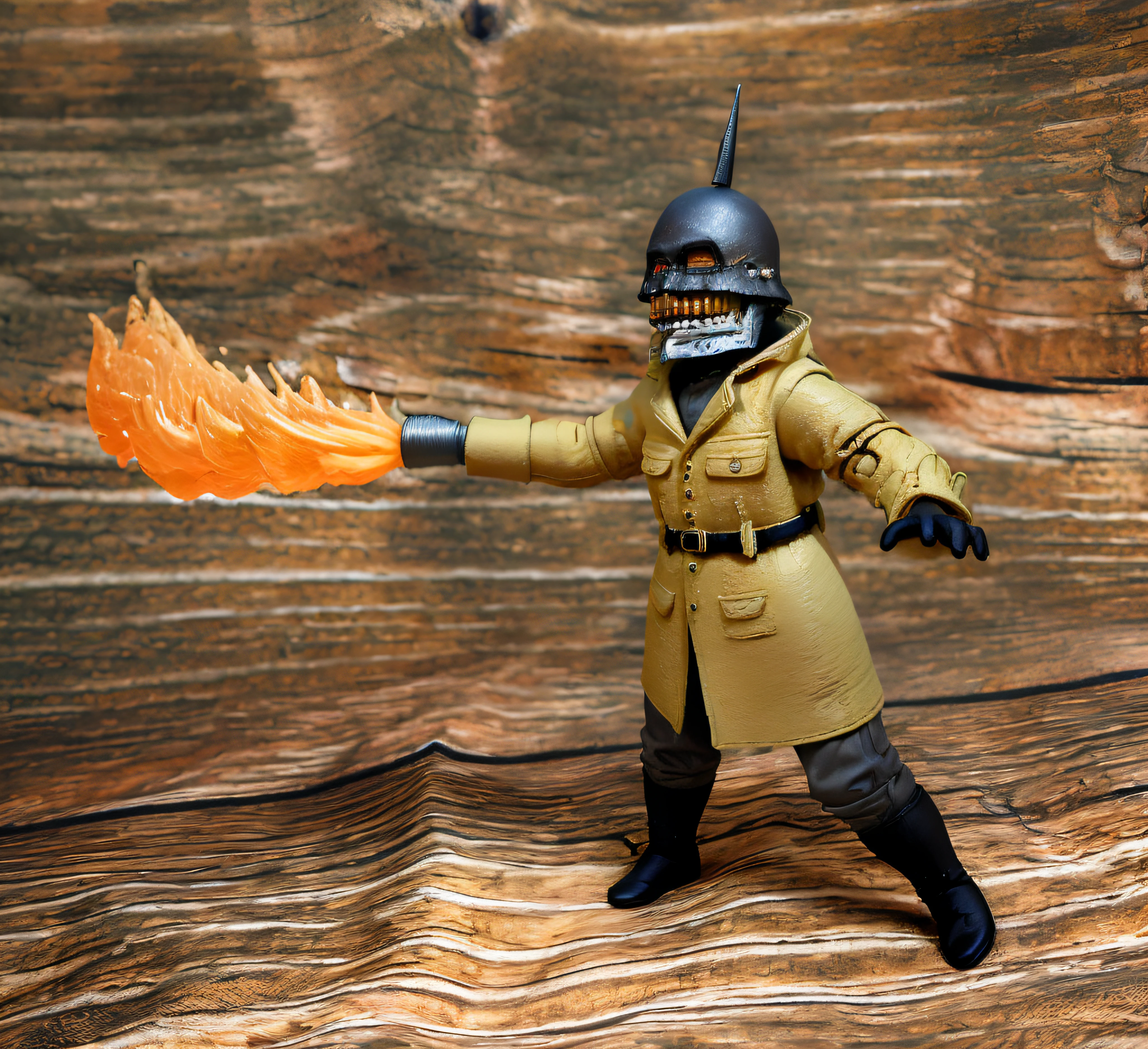 torchman, photo \(object\), 3d \(artwork\), full body view, from front position, standing, facing to the side, right arm thrust forward, orange burst of flame, left arm out to side, legs apart, looking to the side, mouth closed, dark metal helmet, gold teeth, silver mandible, mustard colour jacket, grey shirt, black belt, black glove, grey pants, black footwear