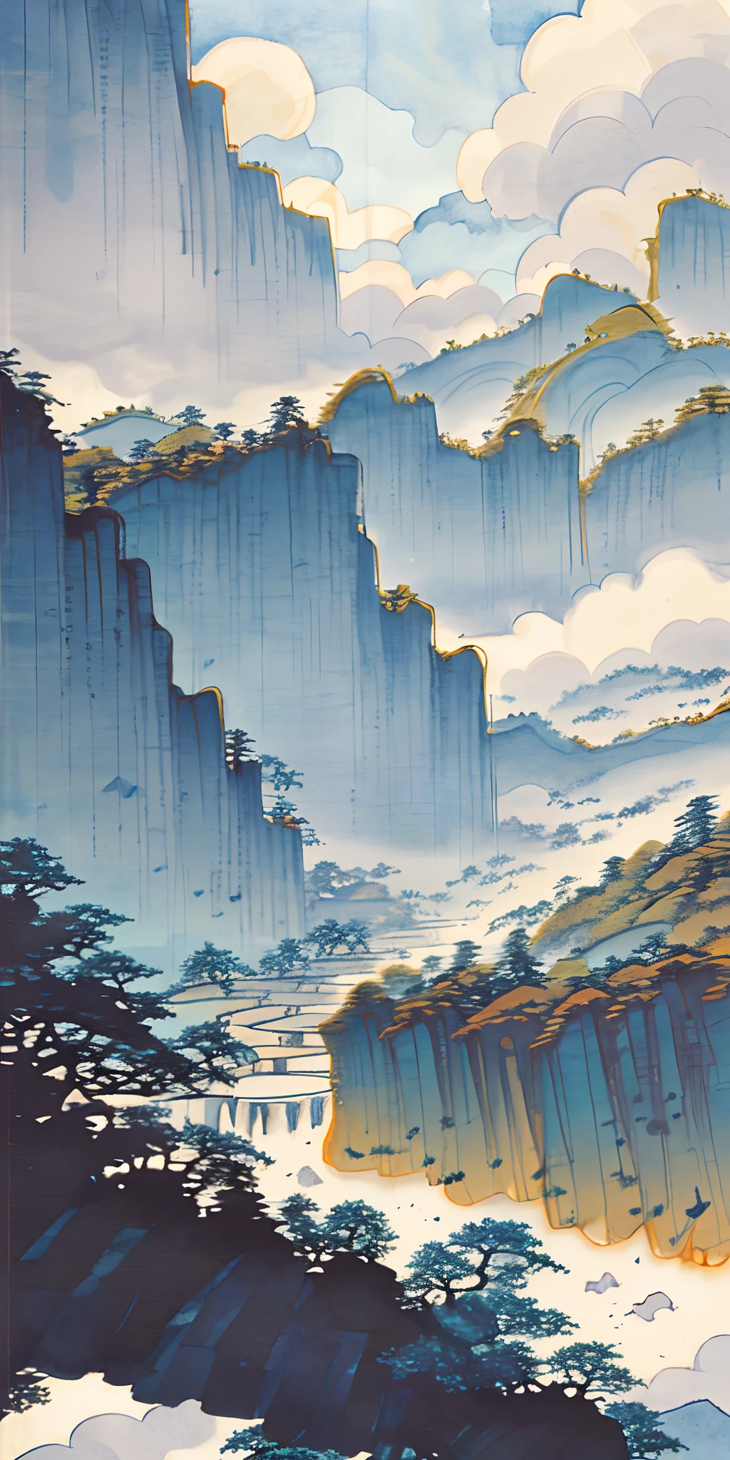 masterpiece, best quality, high quality, extremely detailed CG unity 8k wallpaper, scenery, outdoors, sky, cloud, day, no humans, mountain, landscape, water, tree, blue sky, waterfall, cliff, nature, lake, river, cloudy sky,award winning photography, Bokeh, Depth of Field, HDR, bloom, Chromatic Aberration ,Photorealistic,extremely detailed, trending on artstation, trending on CGsociety, Intricate, High Detail, dramatic, art by midjourney