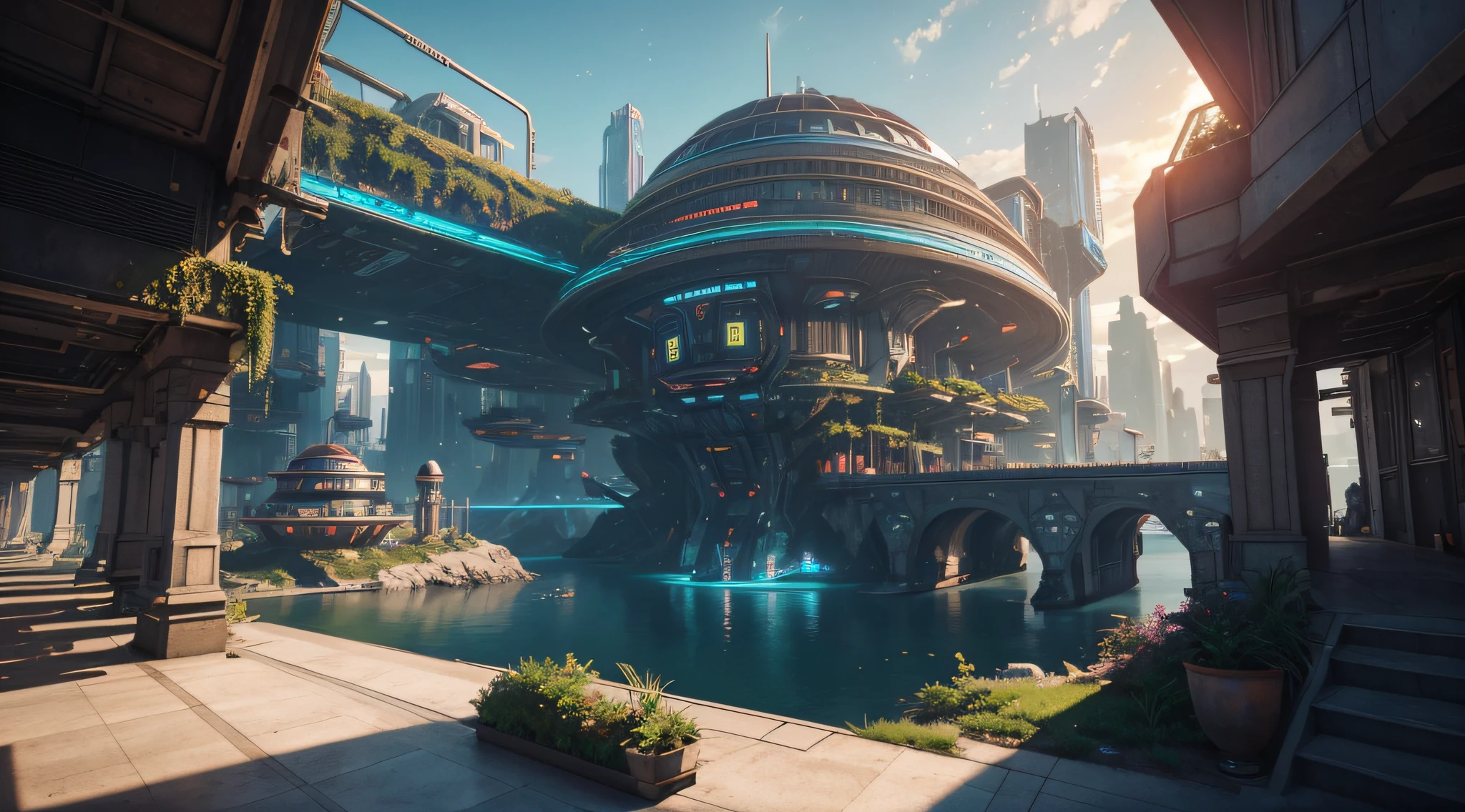 ground view of a stunning space: a Futuristic town with platforms, dome houses and flying ships, vertical gardens, artificial cascades, neon advertisements, sunset, beautiful cyberpunk atmospheric details, utopic futuristic aesthetic!, fantastic dream scene, stunning view. intricate, insanely detailed, natural lighting, global illumination.The photo is taken with a Canon EOS R camera and has a cinematic, hyper-realistic quality with vibrant colors and sharp details. Vray tracing, unreal engine, HDR, 8k, perfect composition, masterpiece.