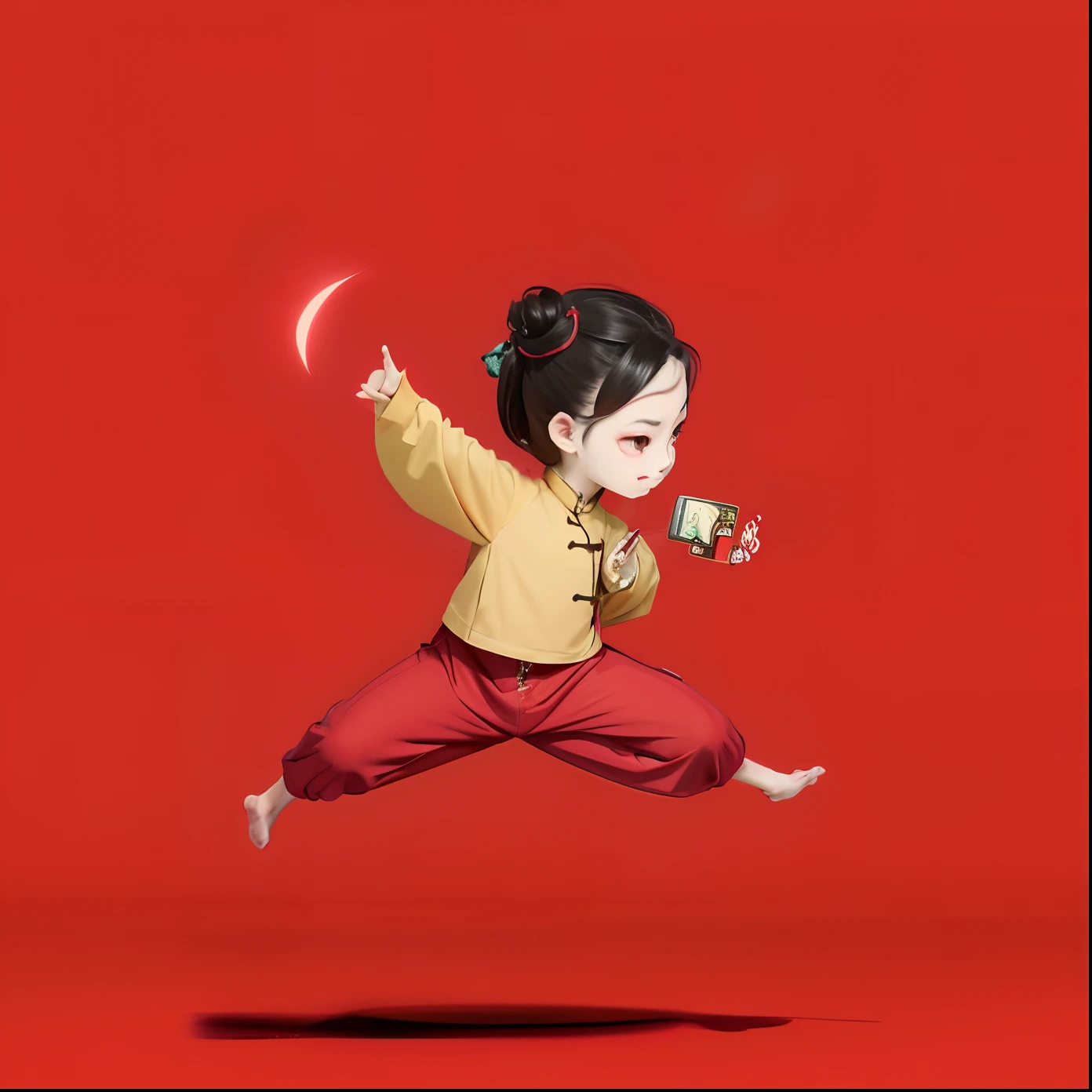 cartoon girl in yellow pants and red shirt jumping with a cell phone, red background, in the style of sifu 🔥 😎 🕹️ 👀 :2, inspired by Mi Fu, inspired by Chen Daofu, inspired by Miao Fu, dancing character, inspired by Cao Buxing, inspired by Xia Gui, inspired by Fan Qi, inspired by Lü Ji