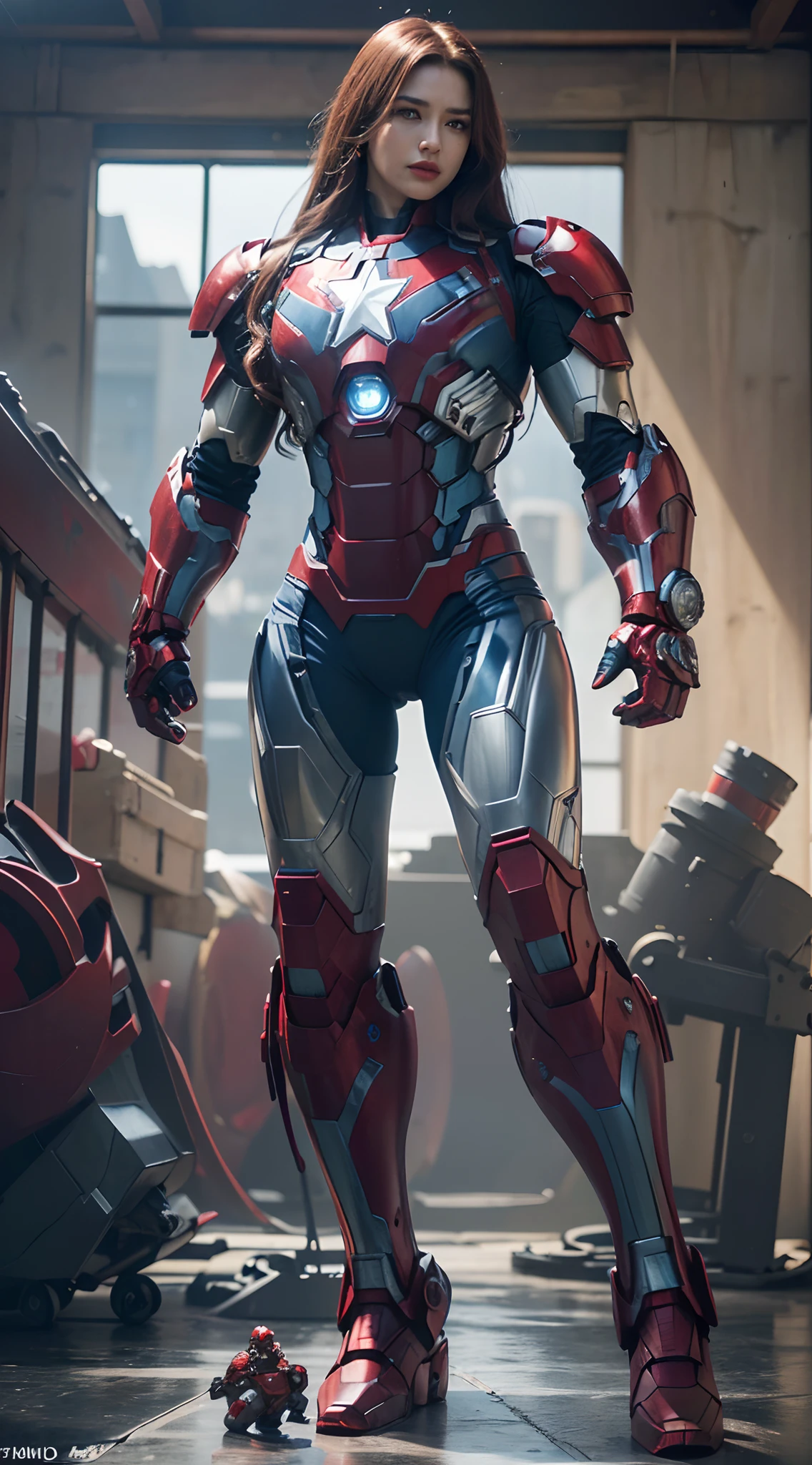 (The main subject: Wide-angle lens), Blue and red color scheme,Girl Captain America Iron Man(in a(humongous large breast)Anti-Hulk mech)，long whitr hair，ssmile,Realistic metal armor,shiny metal armor, ((Best quality,4K,8K,A high resolution,Masterpiece:1.2),(Realistic,Photorealistic,photo-realistic:1.37)).