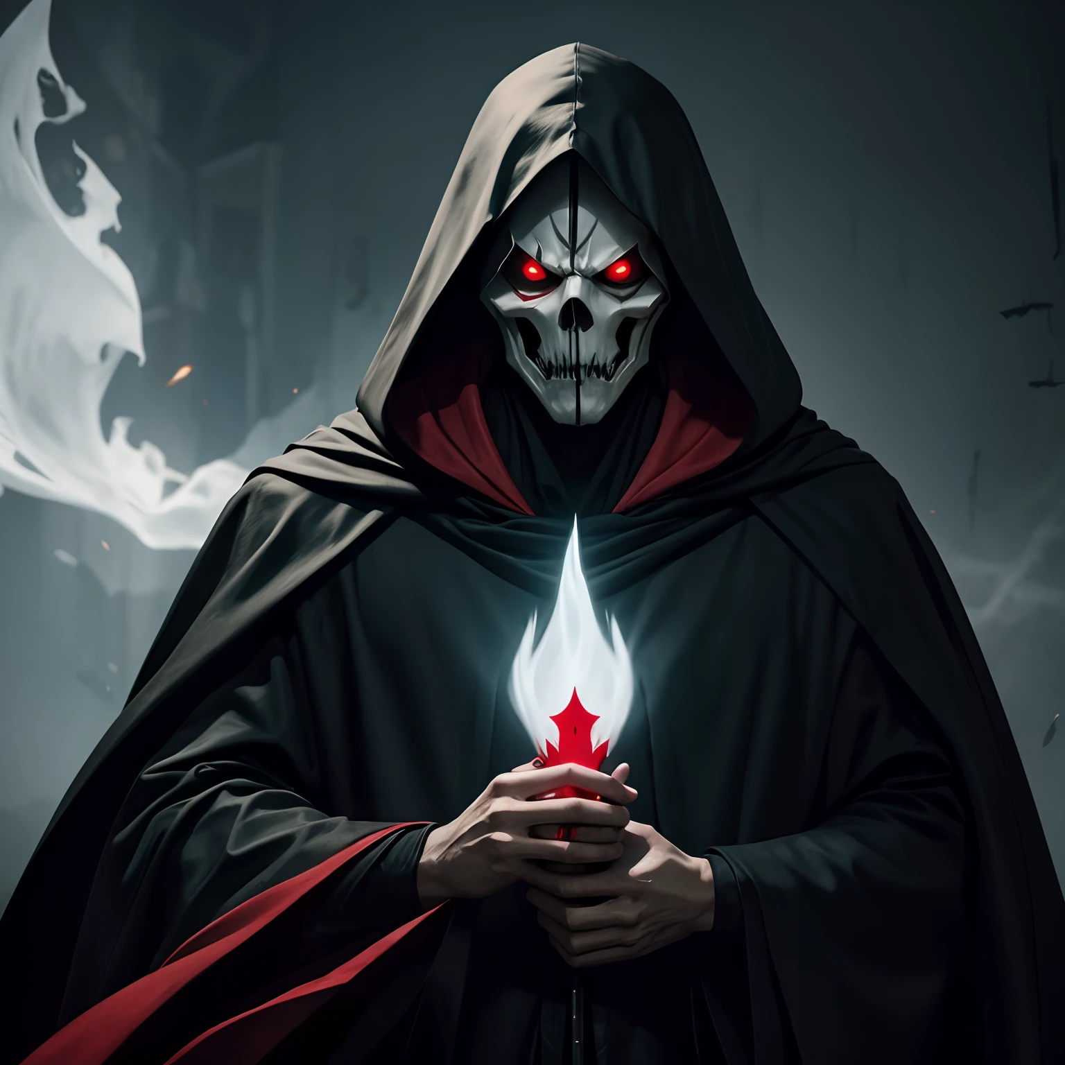 A phantom ghost in a cloak with red eyes dead looking like a grim reaper and spawn
