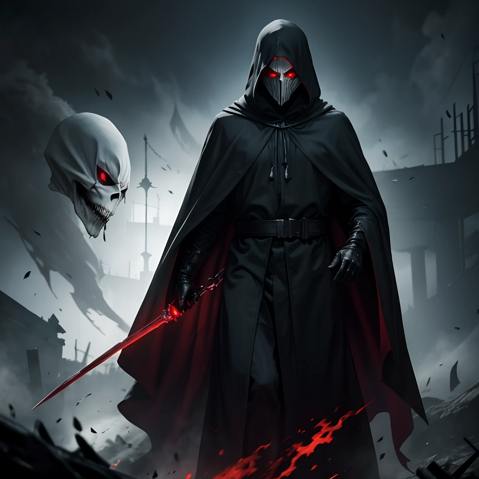 A phantom ghost in a cloak with red eyes dead looking like a grim reaper and spawn