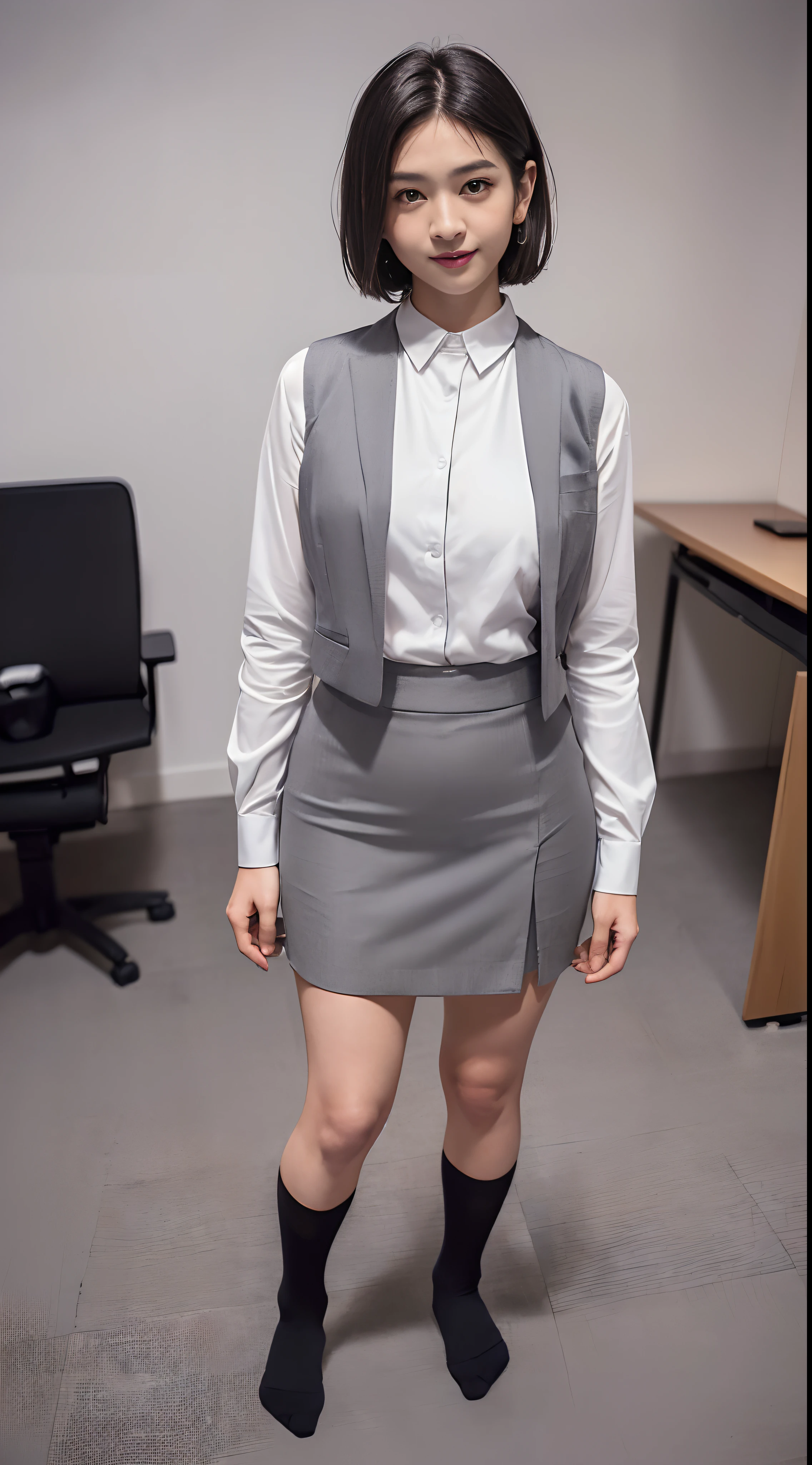 masutepiece, one beautiful women, ,(japanes), (Fantasy Library Background), (((White shirt))),(((Short stature)))(((Gray office suit tight skirt and gray office vest))), (),, (medium breasts), , ,(((Shorthair))(, , (Skin Texture:1.1), Best Quality, 超A high resolution, (Photorealistic: 1.4), Raw photo, , nikon d850 film stock photograph, F1.6 lens, Rich colors, Realistic, cinestill 800, Backlight, Rim lighting, Studio Lighting, ,((( A dark-haired))),(((full body Esbian))(((Facing the front)))(((mediocre figure))),(((Mediocre style)))(Black socks)smil