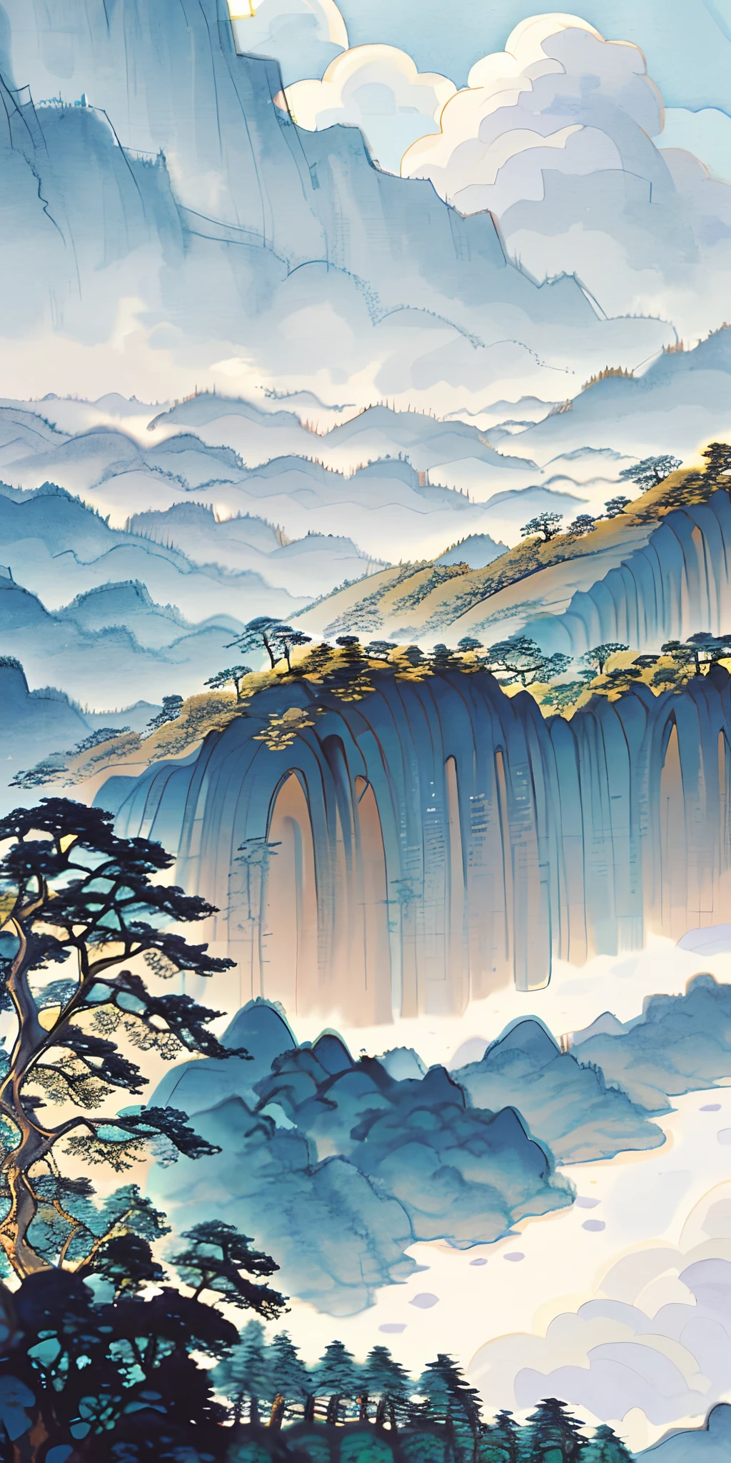 masterpiece, best quality, high quality, extremely detailed CG unity 8k wallpaper, scenery, outdoors, sky, cloud, day, no humans, mountain, landscape, water, tree, blue sky, waterfall, cliff, nature, lake, river, cloudy sky,award winning photography, Bokeh, Depth of Field, HDR, bloom, Chromatic Aberration ,Photorealistic,extremely detailed, trending on artstation, trending on CGsociety, Intricate, High Detail, dramatic, art by midjourney