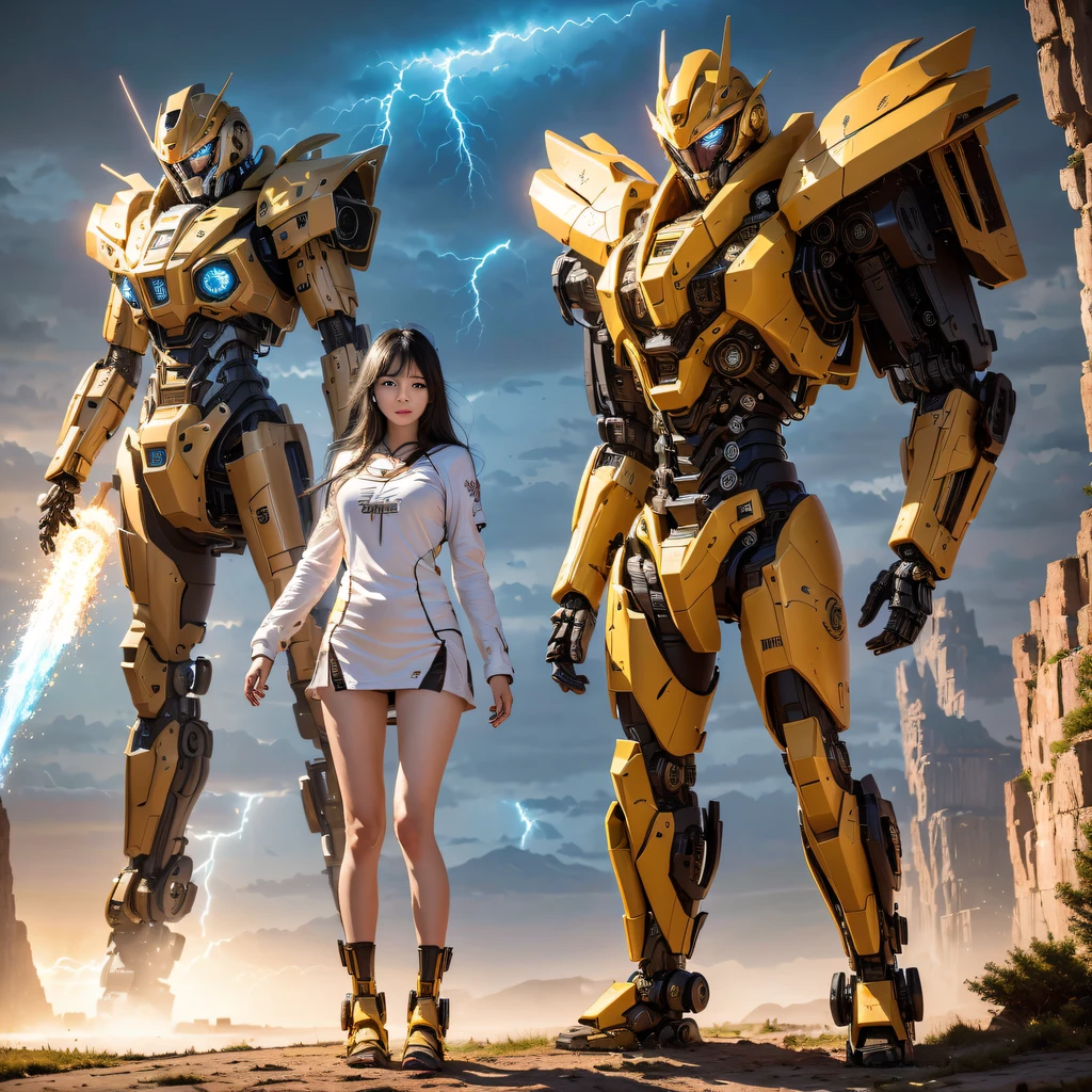((ultra real detailed.mecha-girl) (Masterpiece, Top quality, Best quality, offcial art, Beauty and aesthetics: 1.2), Very detailed, Colorful, Most detailed, branches,mecha-girl, (Mards)mecha-girl(canyons), (Linen Future Mecha Girl), Angry fighting stance, looking at the ground, Batik linen bandana, Crane pattern long sleeve garment,Mecha Maiden Canyon(Abstract propylene splash:1.2), Dark clouds lightning background,Sprinkle with gold mecha girl powder(realisticlying:1.4),Black color hair,Flour fluttering,rainbow background, A high resolution, the detail, RAW photogr, Sharp Re, Nikon D850 Film Stock Photo by Jefferies Lee 4 Kodak Portra 400 Camera F1.6 shots, Rich colors, ultra-realistic vivid textures, Dramatic lighting, Unreal Engine Art Station Trend, cinestir 800,Flowing black hair,(((mecha-girl)))