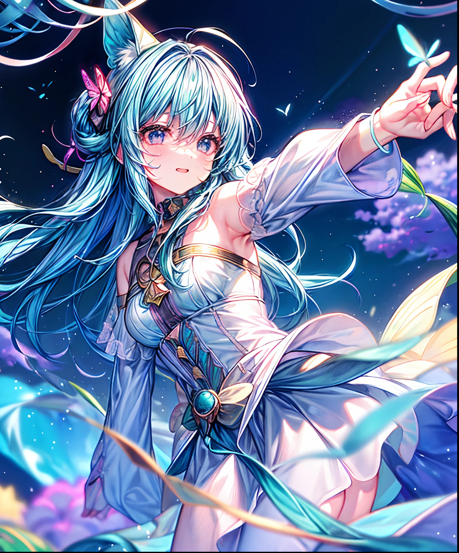 (High resolution、Super detailed、nffsw、movie)、alone、1 girl、happiness、Girl Standing In Orchid Flower Garden、Girl around the petals、cute smile、Full body Esbian、long-haired girl with blue hair、Light blueの髪、black eye、look at the camera、fantasy、pop art、profile、highly detailed face、highly detailed eyes、Orchid Flower Garden、Ultra Detailed Fields、bright starry sky、Light blue、blanche、nebula in the sky、watercolor painting、pastel colour、splash art
