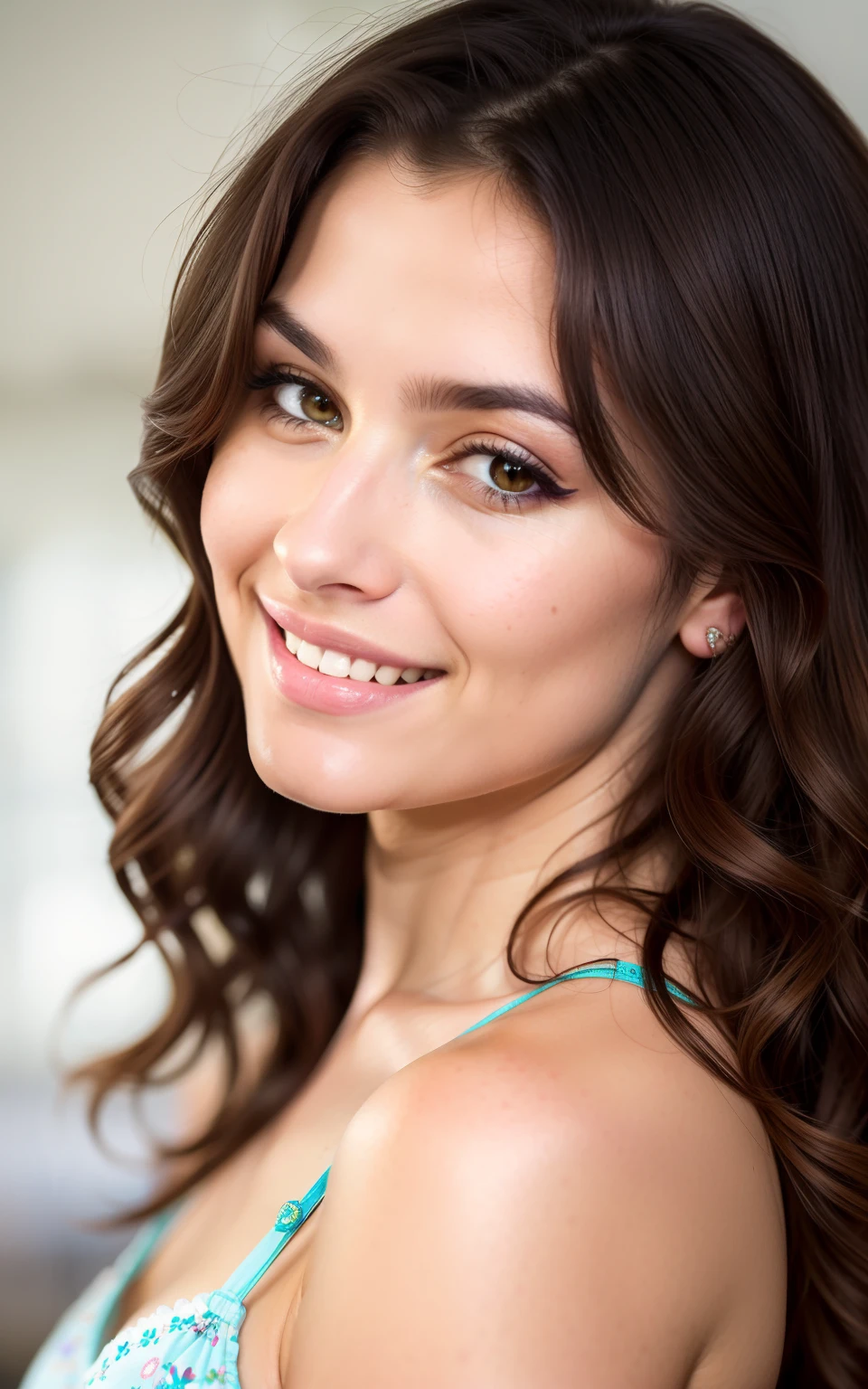 cute beautiful brunette, hispanique,wearings an entire pijama ,full body, perfect angle, very detailed, 32 years old, flirty face, messy long hair, brown eyes, high-res, masterpiece, best quality,intricate details, highly detailed,sharp focus, detailed skin,realistic skin texture,texture, detailed eyes, professional, 4k, smile, shot on Canon, 85mm,shallow depth of field,kodak vision color,  eyeshadow, extremely detailed, photo_\(ultra\), photorealistic, realistic, post-processing, max detail, roughness, real life, ultra realistic, photorealism, photography, 8k uhd, photography, braless, pokies
