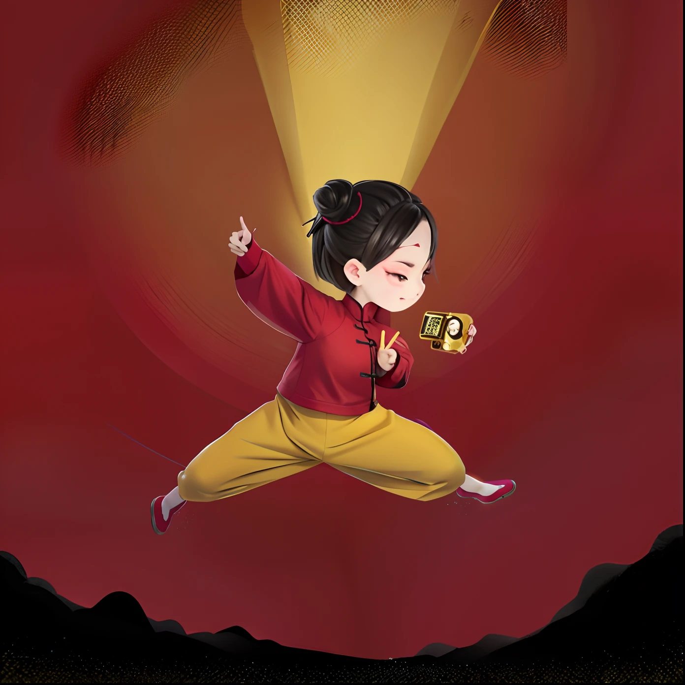 cartoon girl in yellow pants and red shirt jumping with a cell phone, red background, dragon 🐉, in the style of sifu 🔥 😎 🕹️ 👀 :2, inspired by Mi Fu, inspired by Chen Daofu, inspired by Miao Fu, dancing character, inspired by Cao Buxing, inspired by Xia Gui, inspired by Fan Qi, inspired by Lü Ji