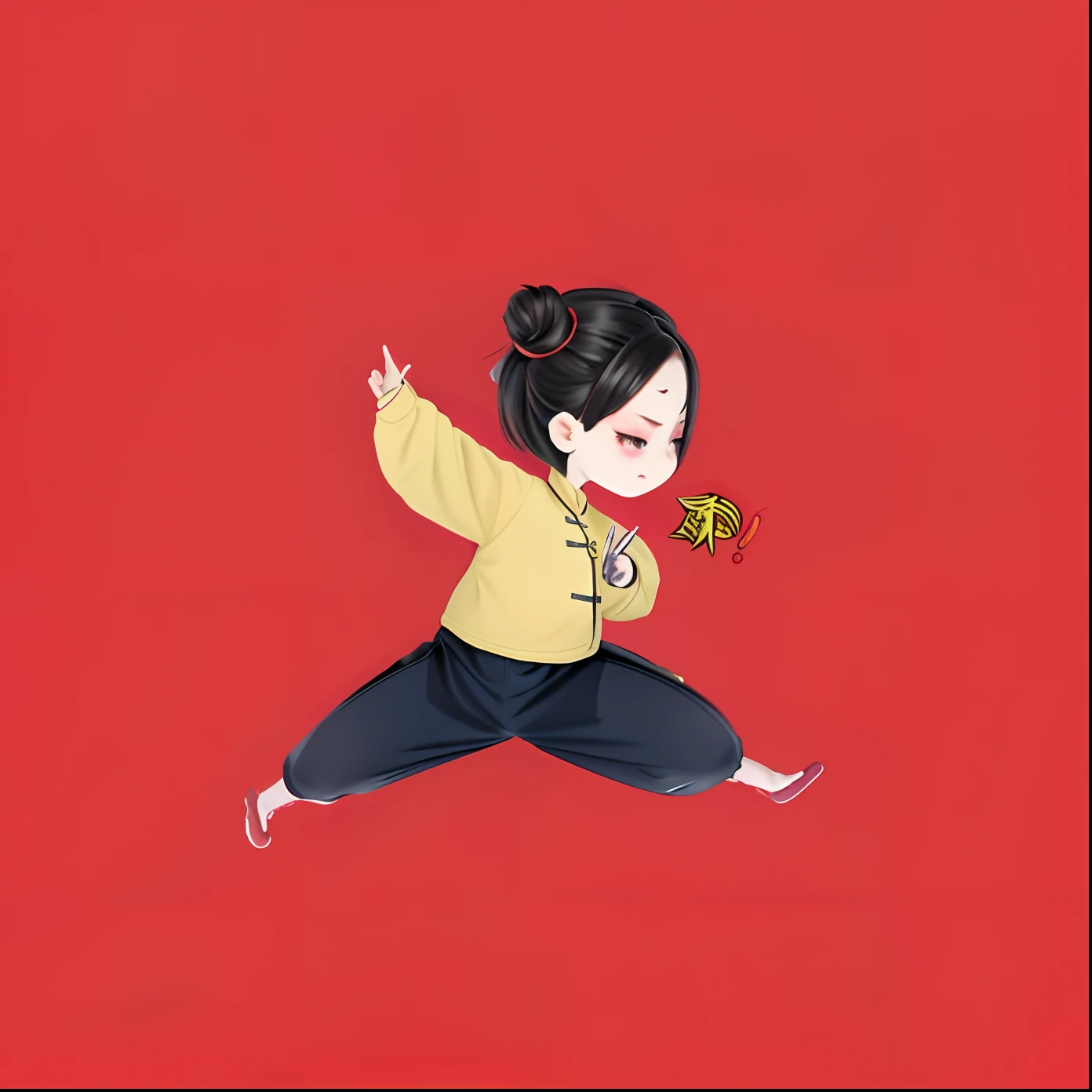 cartoon girl in yellow pants and red shirt jumping with a cell phone, red background, dragon 🐉, in the style of sifu 🔥 😎 🕹️ 👀 :2, inspired by Mi Fu, inspired by Chen Daofu, inspired by Miao Fu, dancing character, inspired by Cao Buxing, inspired by Xia Gui, inspired by Fan Qi, inspired by Lü Ji