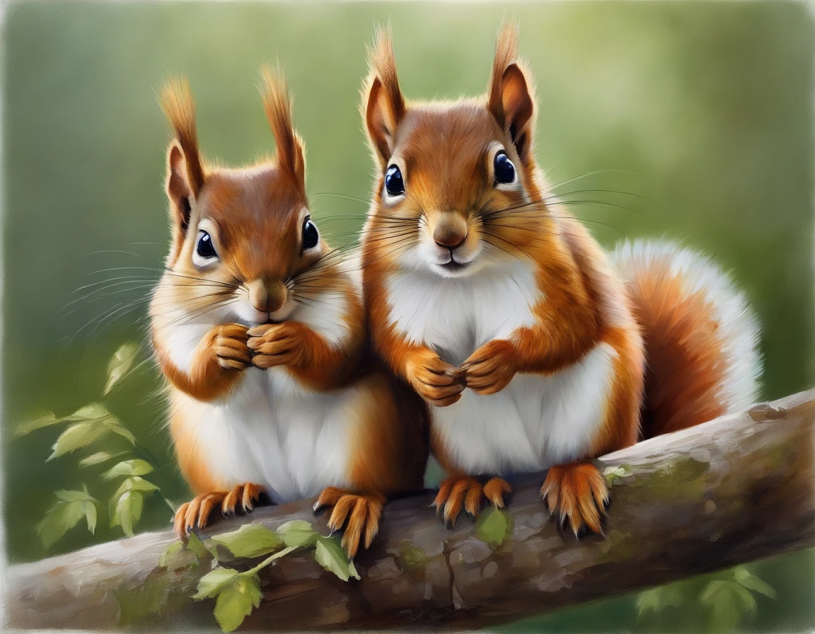 "adorable squirrel family:1.5, embracing each other, captivating smiles, cute little chests, expressive big eyes, pure white fur, fluffy coats, simple background, white canvas, watercolor painting"