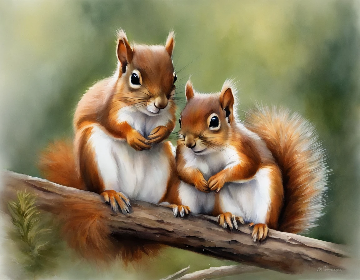 "adorable squirrel family:1.5, embracing each other, captivating smiles, cute little chests, expressive big eyes, pure white fur, fluffy coats, simple background, white canvas, watercolor painting"