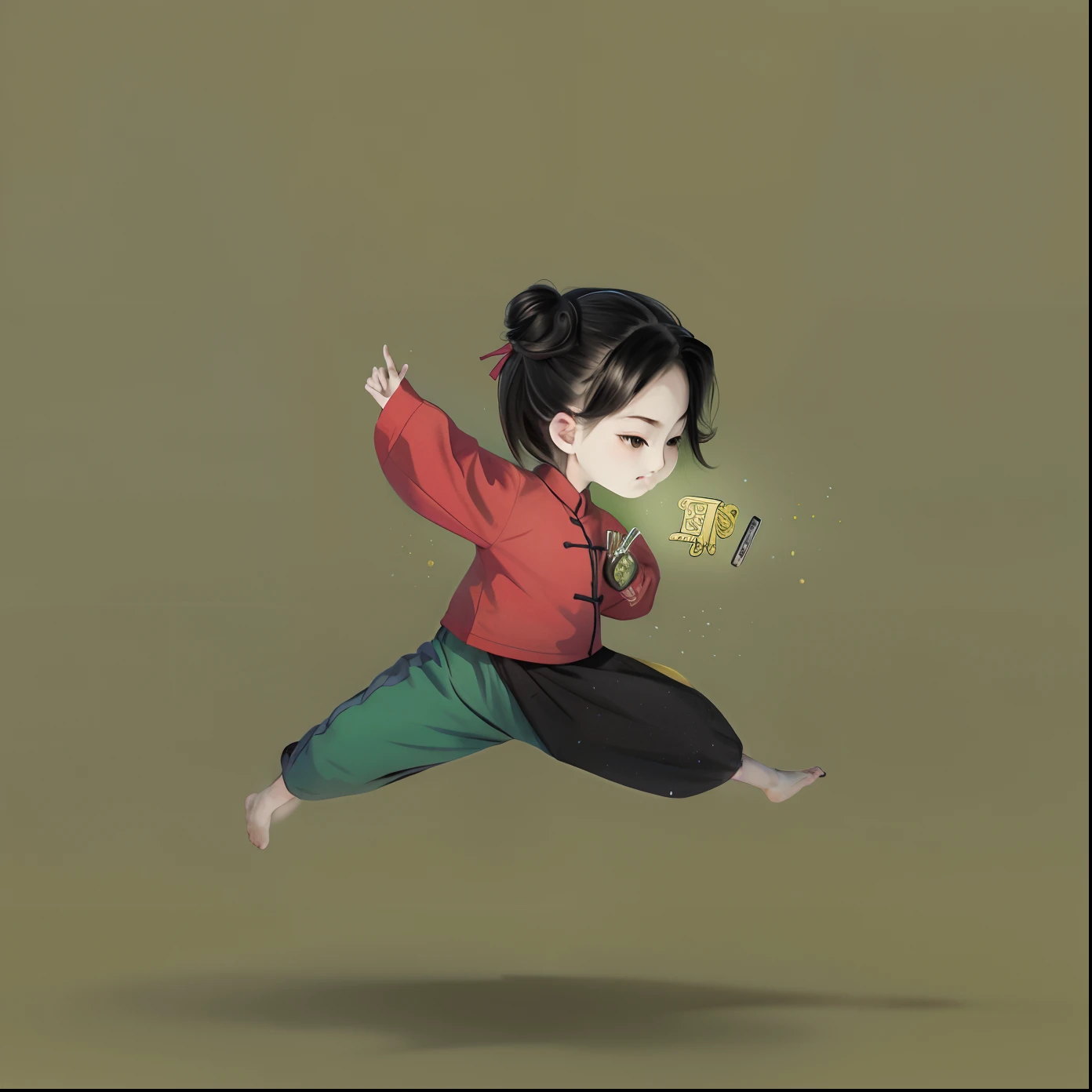 cartoon girl in yellow pants and red shirt jumping with a cell phone, blue background, in the style of sifu 🔥 😎 🕹️ 👀 :2, inspired by Mi Fu, inspired by Chen Daofu, inspired by Miao Fu, dancing character, inspired by Cao Buxing, inspired by Xia Gui, inspired by Fan Qi, inspired by Lü Ji