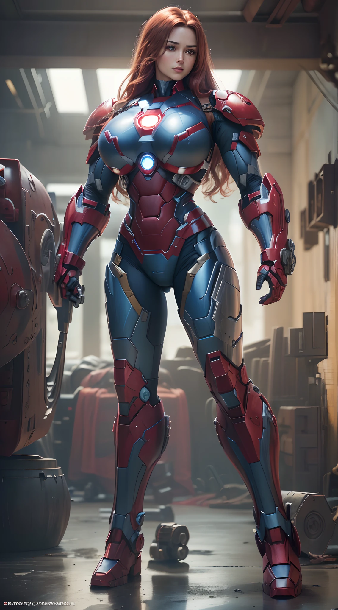 Blue and red color scheme,Girl Captain America Iron Man(in a(humongous large breast)Anti-Hulk mech)，long whitr hair，ssmile,Realistic metal armor,shiny metal armor, ((Best quality,4K,8K,A high resolution,Masterpiece:1.2),(Realistic,Photorealistic,photo-realistic:1.37)).