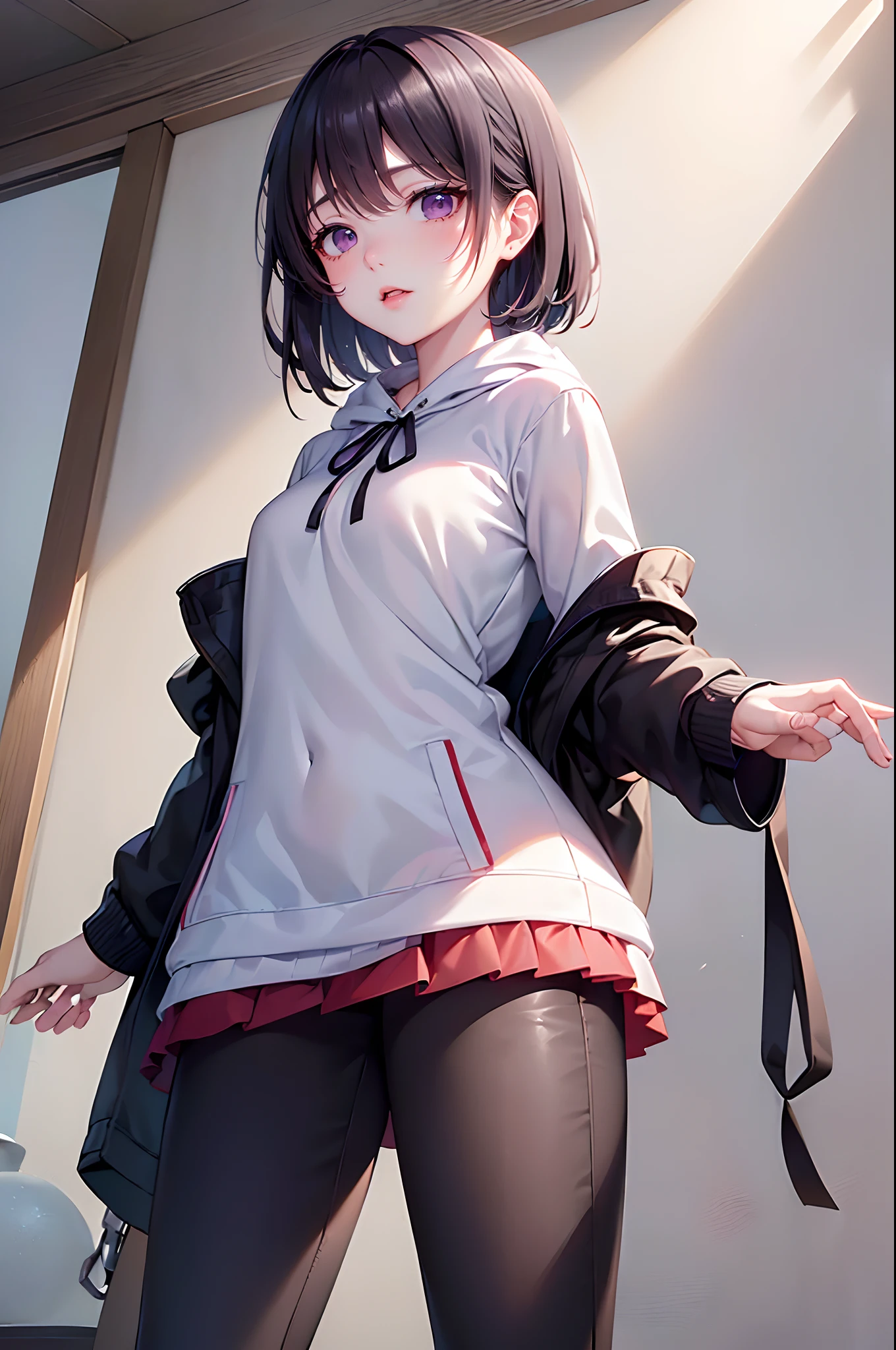 (4K works))、masterpiece、(top-quality)、In front of the wall、Korean female、hi-school girl、((High school girl 18 years old))、((Face similar to Hyun Jin))、cool lady、tall、((Gentle look))、((Sleepy face))、((Strong eyes))、((Wearing a white T-shirt and a black hooded jacket、Wearing long black pants))、((Wear a black mask))、((smaller face))、Slim body、((How to stand selling fights))、((Cheeky way of standing))、((Bad girl))、((short-haired of bright red color,))、((Purple eyes))、((shot from front))、((Looking down on the viewer))、((rearing))、((Shot alone))、((Solo Photography))