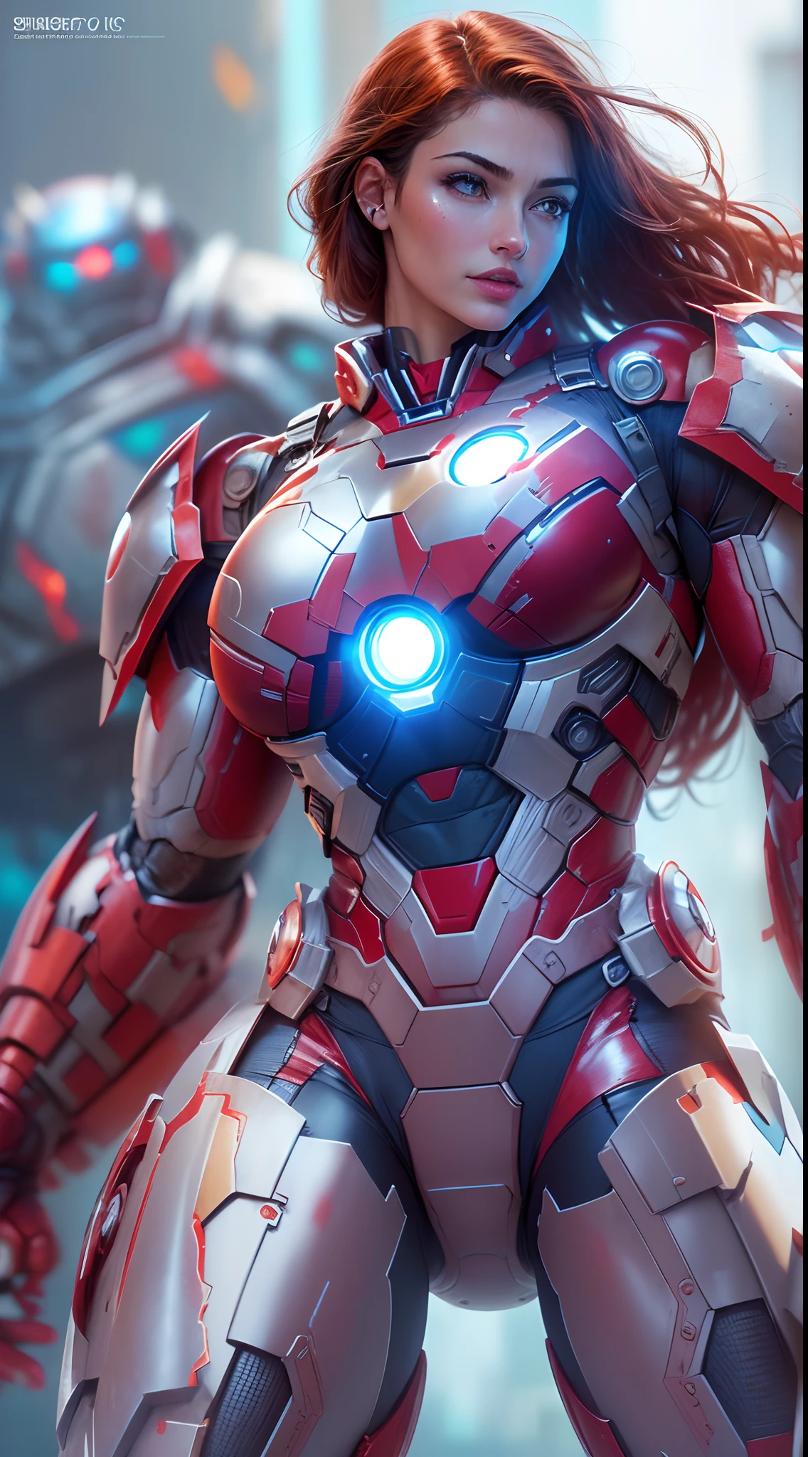 Blue and red color scheme,Girl Captain America Iron Man(in a(humongous large breast)Anti-Hulk mech),long whitr hair,ssmile,Realistic metal armor,shiny metal armor, ((Best quality,4K,8K,A high resolution,Masterpiece:1.2),(Realistic,Photorealistic,photo-realistic:1.37)).