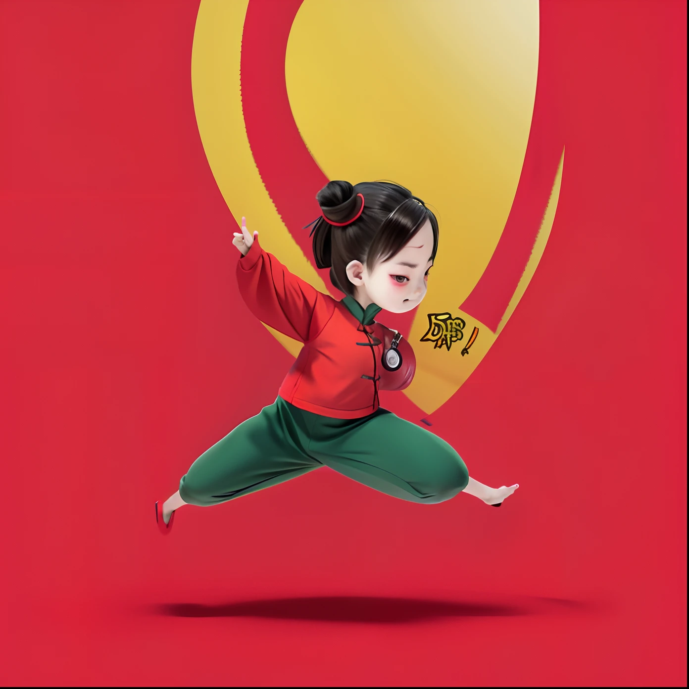 cartoon girl in yellow pants and red shirt jumping with a cell phone, red background, dragon 🐉, in the style of sifu 🔥 😎 🕹️ 👀 :2, inspired by Mi Fu, inspired by Chen Daofu, inspired by Miao Fu, dancing character, inspired by Cao Buxing, inspired by Xia Gui, inspired by Fan Qi, inspired by Lü Ji