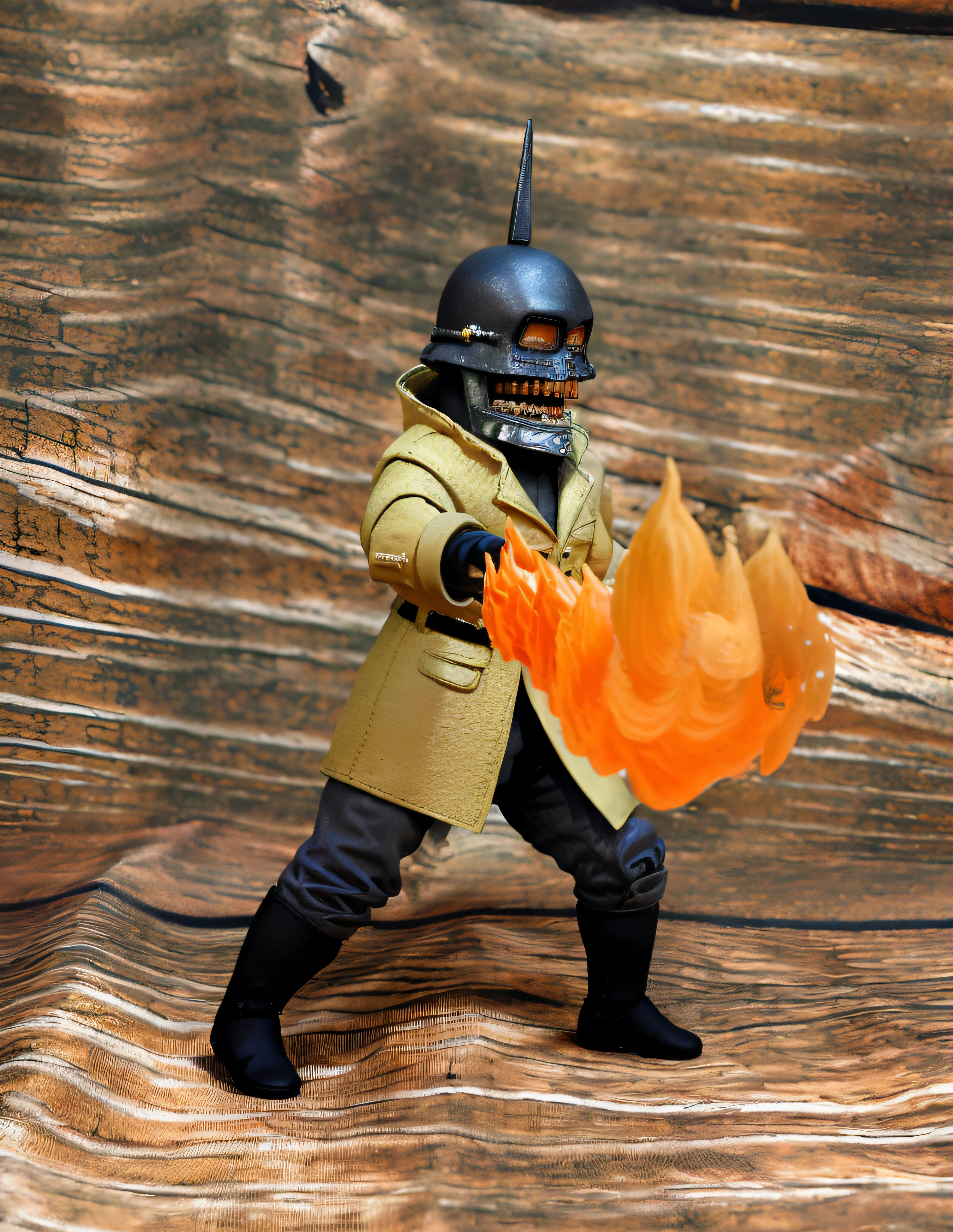 torchman, photo \(object\), 3d \(artwork\), full body view, from front position, standing, facing to the side, right arm thrust forward, orange burst of flame, legs apart, looking to the side, open mouth, dark metal helmet, gold teeth, silver mandible, mustard colour jacket, grey shirt, black belt, black glove, grey pants, black footwear