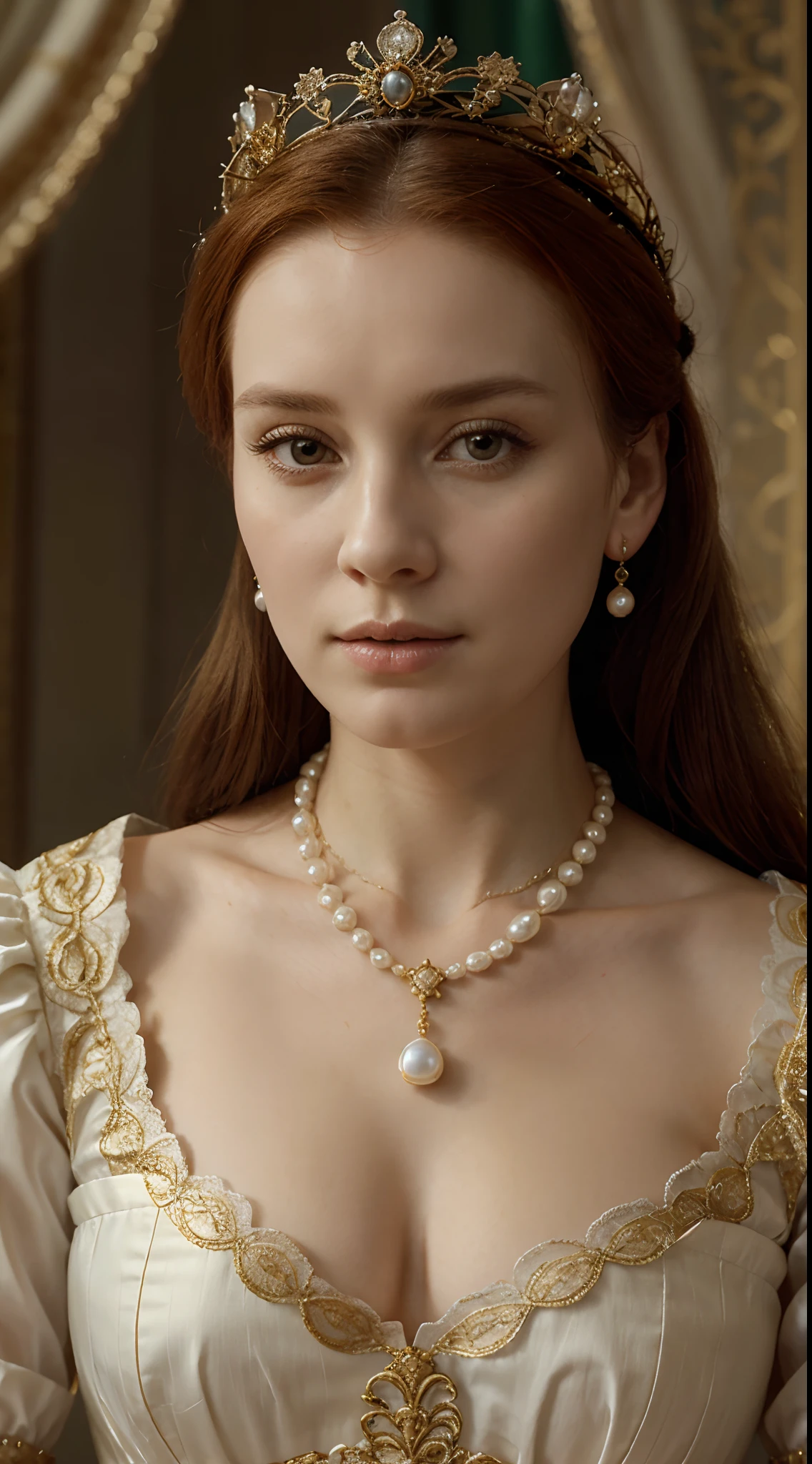 photograph, Mary Queen of Scots, portrait, regal, majestic, historical, elegant, detailed face, stunning costume, pearl necklace, golden crown, regal attire, delicate lace collar, vibrant colors, royal background, soft lighting, exquisite features, powerful gaze