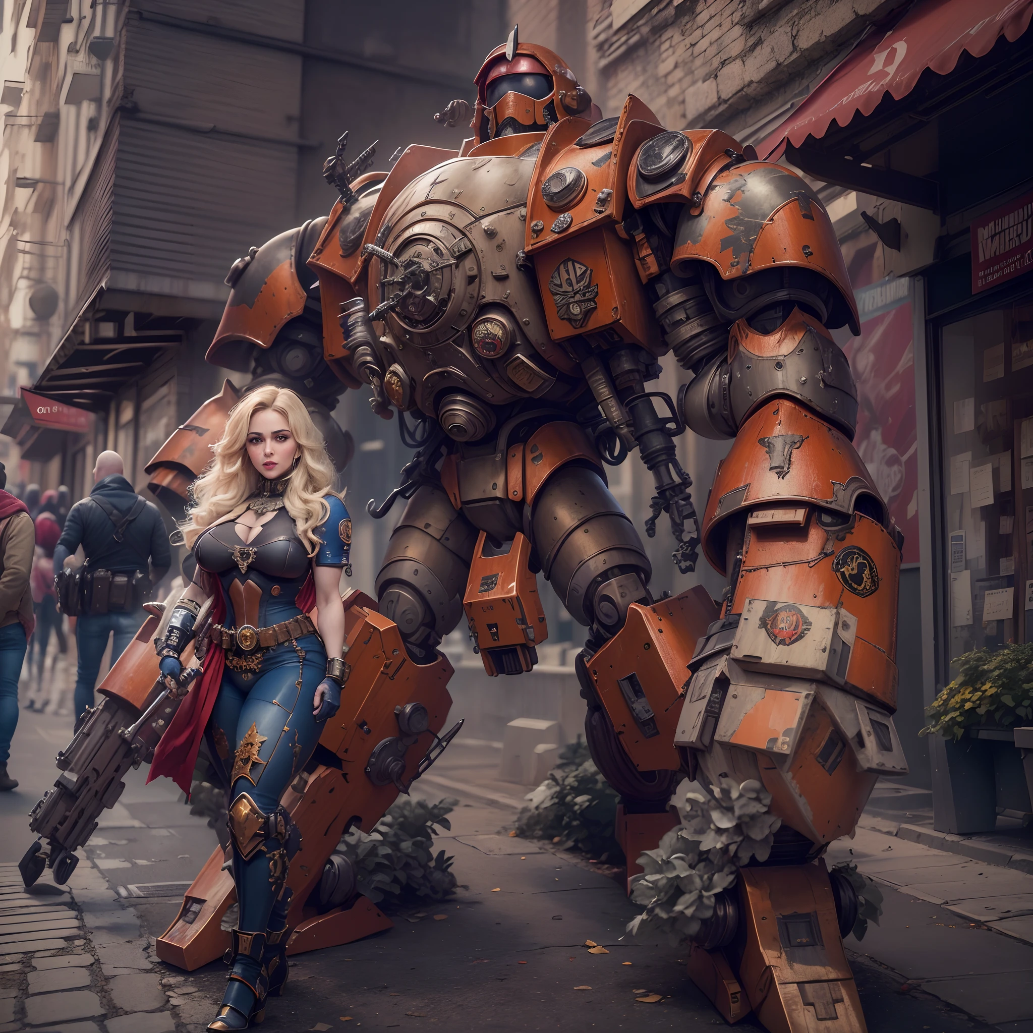 (The main subject: Wide-angle lens), salama,Singer Madonna as Marine Astartes, Show on the(humongous large breast)Power mech in color: red colour, (warhammer40k),Realistic metal mech,Standing in the street.(Best quality,4K,8K,A high resolution,Masterpiece:1.2),(Realistic,Photorealistic,photo-realistic:1.37)