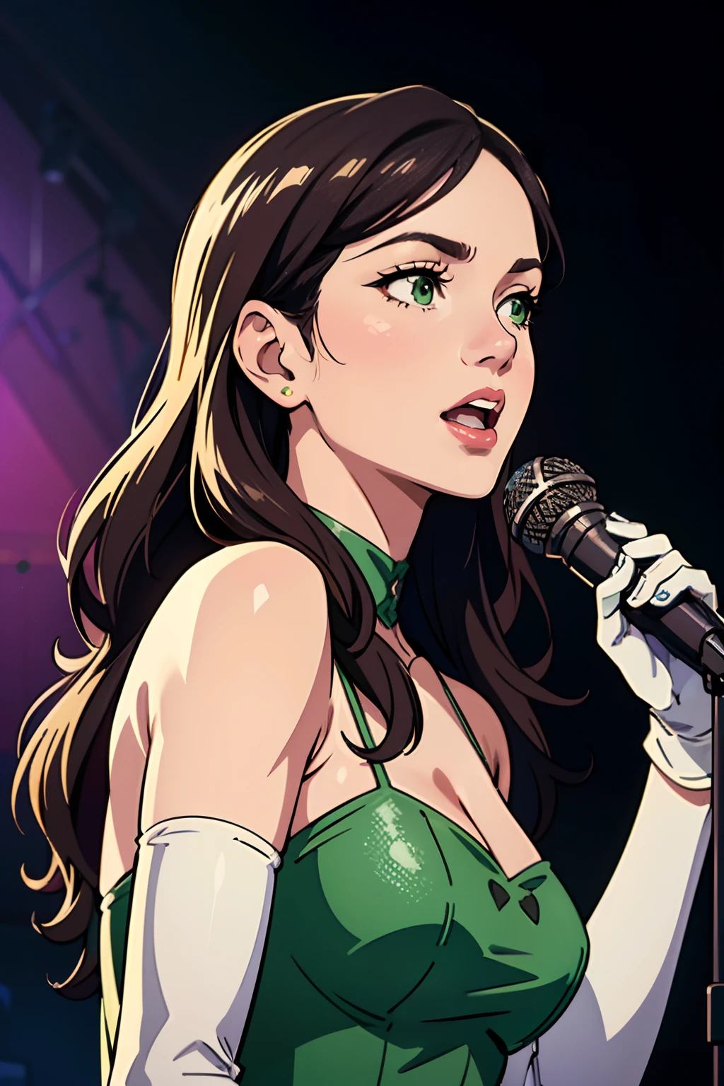 best quality,4k,8k,highres,masterpiece:1.2),ultra-detailed,(realistic,photorealistic,photo-realistic:1.37), vibrant colors, stage spotlight, vintage microphone, elegant hair, graceful pose, dynamic atmosphere, stylish interior, classic jazz era vibes, captivating performance, soulful expression, animated jazz band, rhythmic music, passionate singing, microphone stand, energetic crowd, glamorous ambiance, seamless visual composition, enchanting red lighting, dorothea, long hair, green eyes, in a light green dress, long white elbow gloves, holding old 1920s microphone, jazz club background, singing