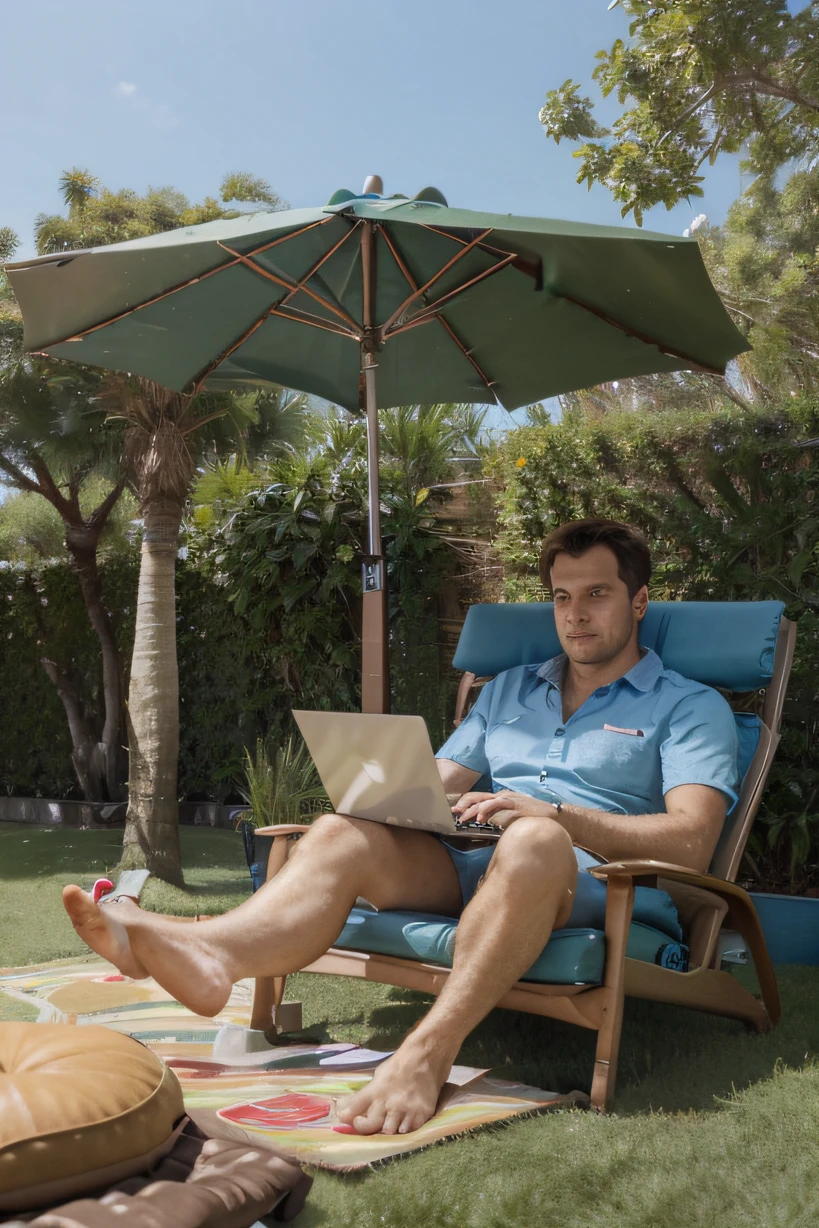 there is a man sitting in a lounge chair with a laptop on his hand, realistic, working on laptop, on a lounge chair under a grass umbrella, working hard, solid blue background