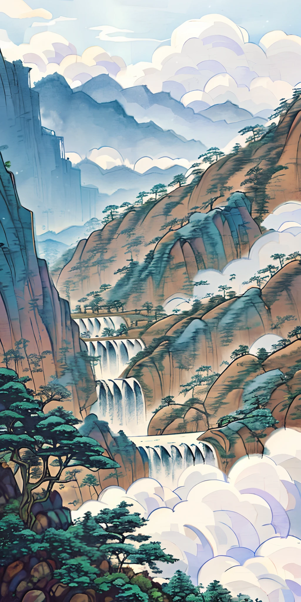 masterpiece, best quality, high quality, extremely detailed CG unity 8k wallpaper, scenery, outdoors, sky, cloud, day, no humans, mountain, landscape, water, tree, blue sky, waterfall, cliff, nature, lake, river, cloudy sky,award winning photography, Bokeh, Depth of Field, HDR, bloom, Chromatic Aberration ,Photorealistic,extremely detailed, trending on artstation, trending on CGsociety, Intricate, High Detail, dramatic, art by midjourney