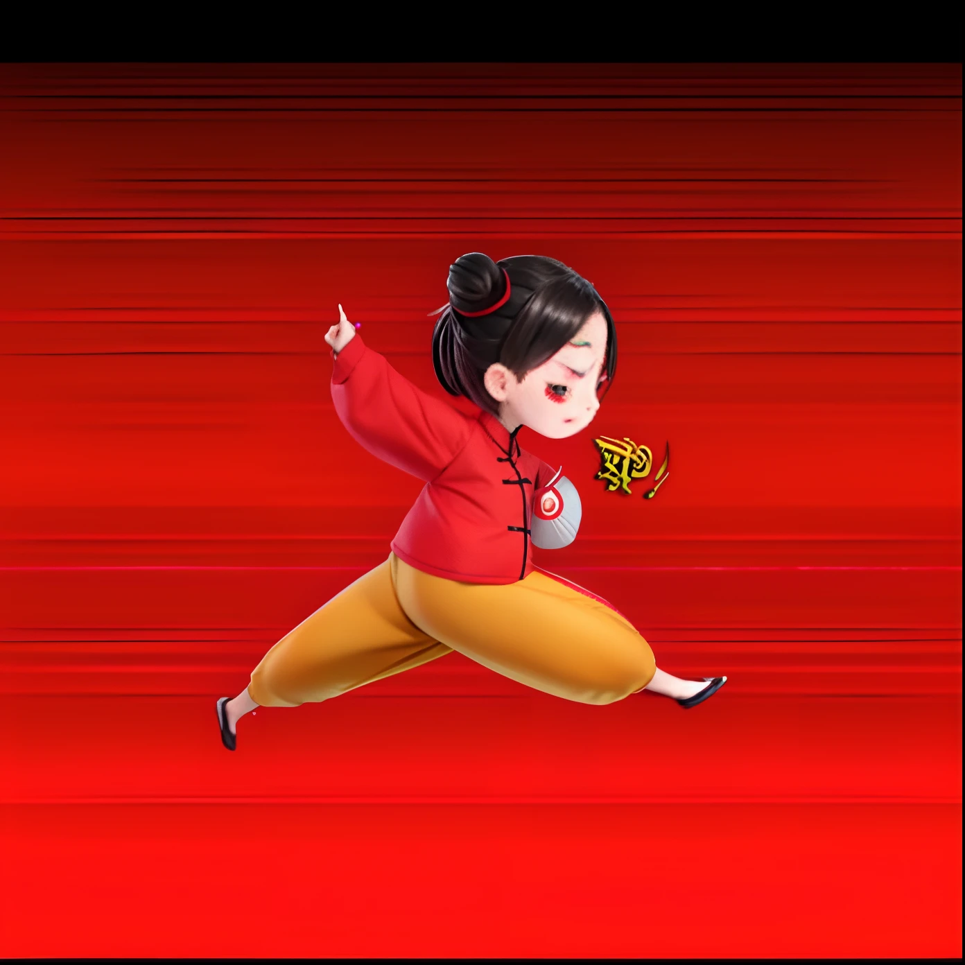 cartoon girl in yellow pants and red shirt jumping with a cell phone, red background, dragon 🐉, in the style of sifu 🔥 😎 🕹️ 👀 :2, inspired by Mi Fu, inspired by Chen Daofu, inspired by Miao Fu, dancing character, inspired by Cao Buxing, inspired by Xia Gui, inspired by Fan Qi, inspired by Lü Ji