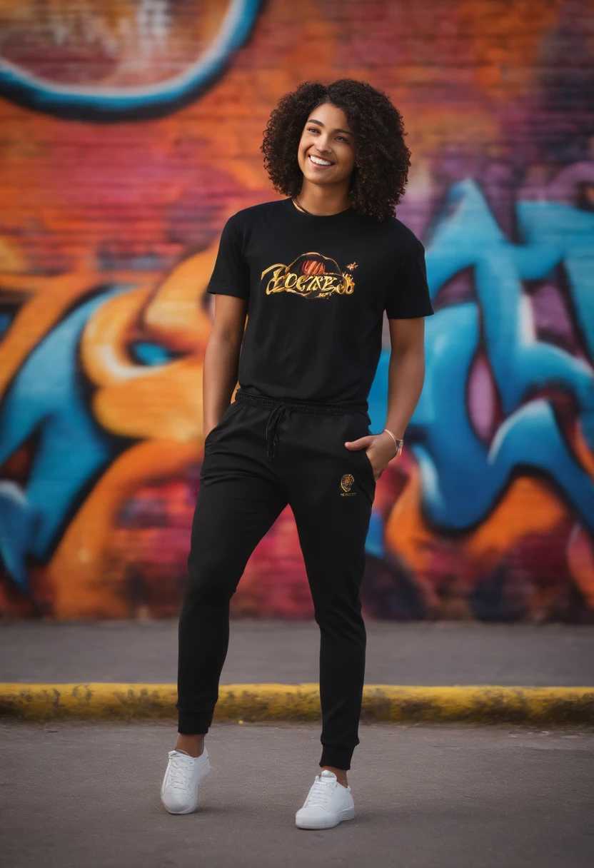 best quality,ultra-realistic,portrait,studio lighting,colorful,bokeh,graffiti style,oil painting effect,teenager,black hair,curly hair,smiling face,stylish clothing,standing in front of a colorful graffiti wall,urban vibes,confident expression,vibrant colors,unique style,street art,artistic background,sharp focus,high-res,physically-based rendering,detailed facial features,dynamic pose,modern,energetic.