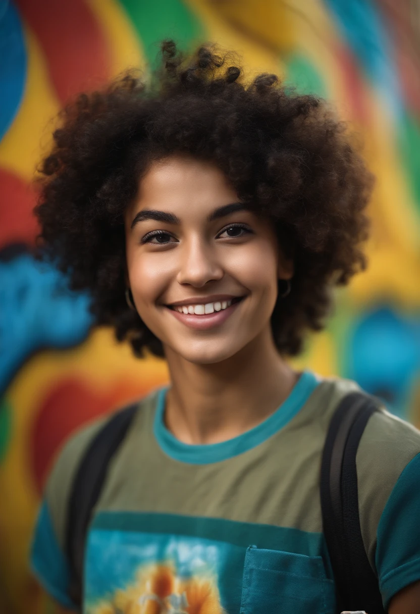 best quality,ultra-realistic,portrait,studio lighting,colorful,bokeh,graffiti style,oil painting effect,teenager,black hair,curly hair,smiling face,stylish clothing,standing in front of a colorful graffiti wall,urban vibes,confident expression,vibrant colors,unique style,street art,artistic background,sharp focus,high-res,physically-based rendering,detailed facial features,dynamic pose,modern,energetic.
