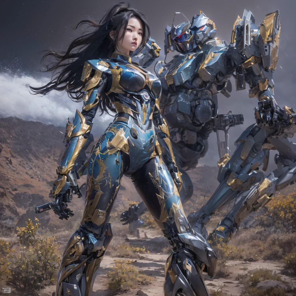 ((ultra real detailed.mecha-girl) (Masterpiece, Top quality, Best quality, offcial art, Beauty and aesthetics: 1.2), Very detailed, Colorful, Most detailed, branches,mecha-girl, （Mards）mecha-girl（canyons）， （Linen Future Mecha Girl）， Angry fighting stance， looking at the ground， Batik linen bandana， Crane pattern long sleeve garment，Mecha Maiden Canyon（Abstract propylene splash：1.2）， Dark clouds lightning background，Sprinkle with gold mecha girl powder（realisticlying：1.4），Black color hair，Flour fluttering，rainbow background， A high resolution， the detail， RAW photogr， Sharp Re， Nikon D850 Film Stock Photo by Jefferies Lee 4 Kodak Portra 400 Camera F1.6 shots, Rich colors, ultra-realistic vivid textures, Dramatic lighting, Unreal Engine Art Station Trend, cinestir 800，Flowing black hair,（（（mecha-girl）））