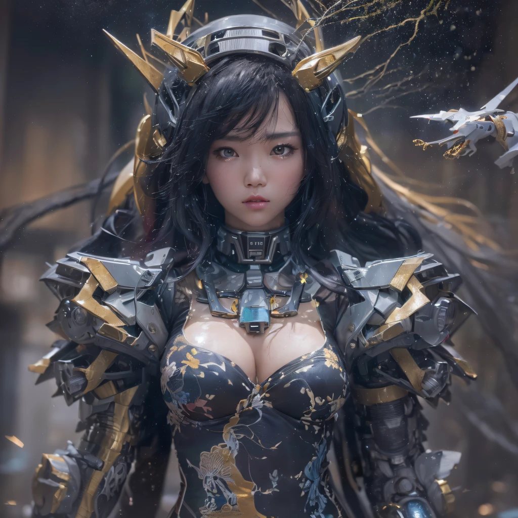 ((ultra real detailed.mecha-girl) (Masterpiece, Top quality, Best quality, offcial art, Beauty and aesthetics: 1.2), Very detailed, Colorful, Most detailed, branches,mecha-girl, (Mards)mecha-girl(canyons), (Linen Future Mecha Girl), Angry fighting stance, looking at the ground, Batik linen bandana, Crane pattern long sleeve garment,Mecha Maiden Canyon(Abstract propylene splash:1.2), Dark clouds lightning background,Sprinkle with gold mecha girl powder(realisticlying:1.4),Black color hair,Flour fluttering,rainbow background, A high resolution, the detail, RAW photogr, Sharp Re, Nikon D850 Film Stock Photo by Jefferies Lee 4 Kodak Portra 400 Camera F1.6 shots, Rich colors, ultra-realistic vivid textures, Dramatic lighting, Unreal Engine Art Station Trend, cinestir 800,Flowing black hair,(((mecha-girl)))
