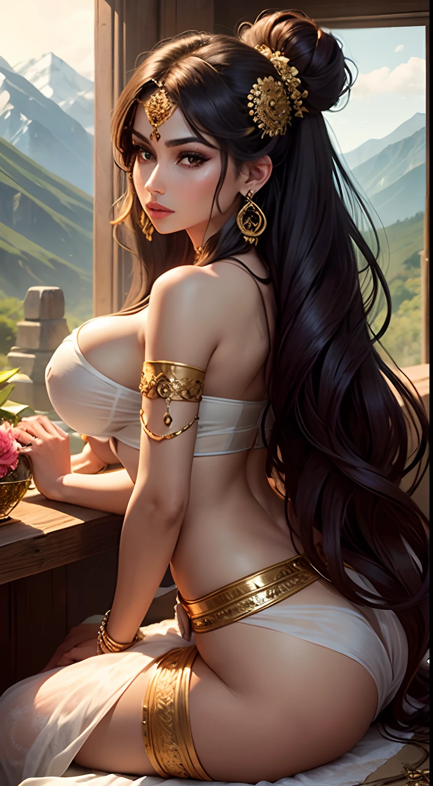 Mouni Roy, as a beautiful young maiden, brown hair, stitting on her knees, picking flowers, large breasts, long hair tied in a bun, wearing a strapless bra and a transparent sarong, wearing heavy makeup, long eye lashes, eye mascara, wearing golden ornaments, bindi, long earrings, necklace, arm bands, bangles, nose ring and waist chain, transparent clothes, worried look, mountains in the background, rear view, butt crack visible