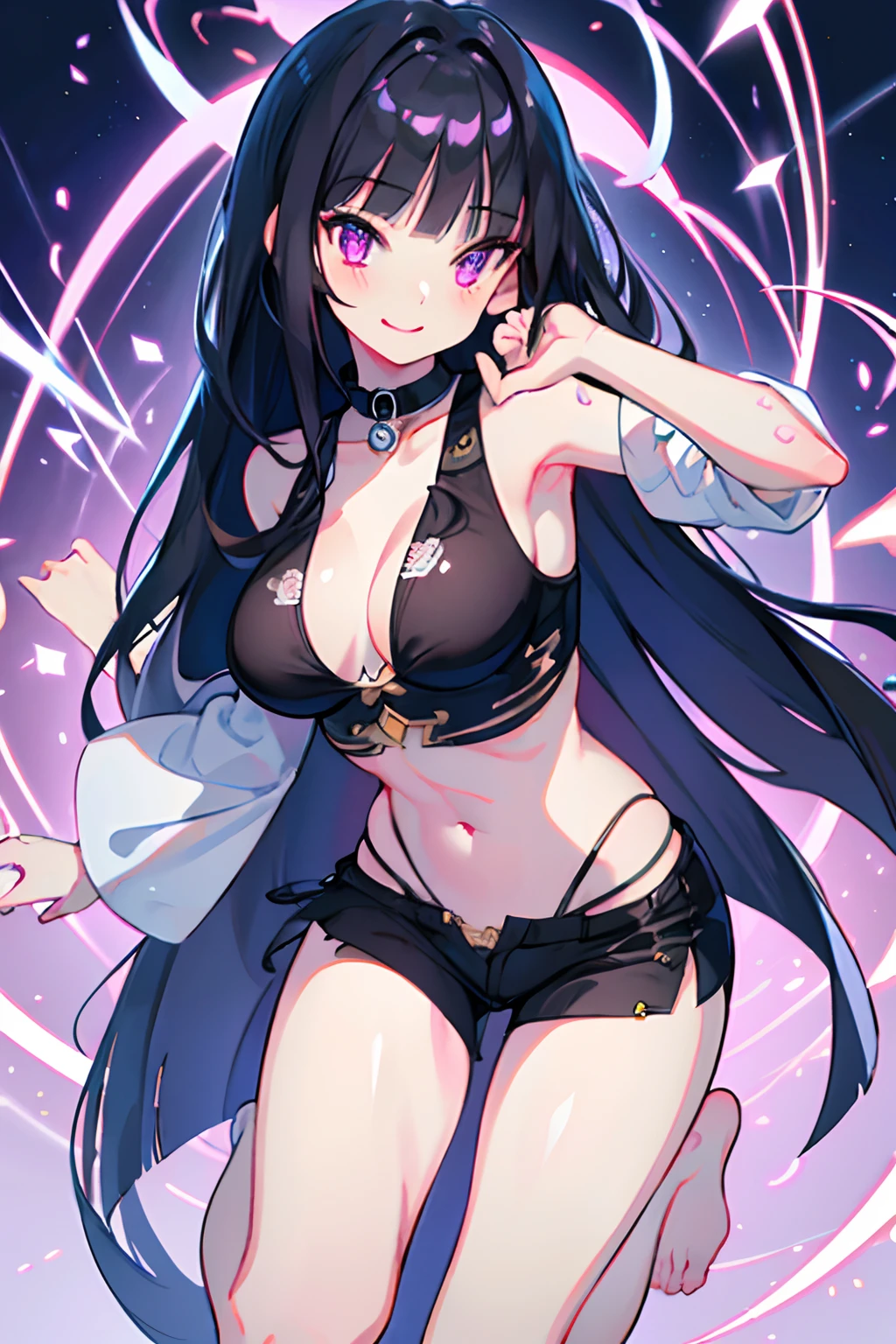 Illustration, UHD, retina, masterpiece, accurate, anatomically correct, super detail, high details, high quality, award winning, best quality, highres, good anatomy, 1080P, HD, 4K, 8k, 16k, 1girl, dynamic pose, androgynous, detailed eyes, detailed clothes, detailed hair, rendering, strands of hair, cute waifu, long black hair, chopped bangs, straight locks, purple eyes, wearing a lingre, showing a lot of skin, bare stomach, bare legs, collar bone, blushing, open legs, money in the air, smiling, dollar sign pupil