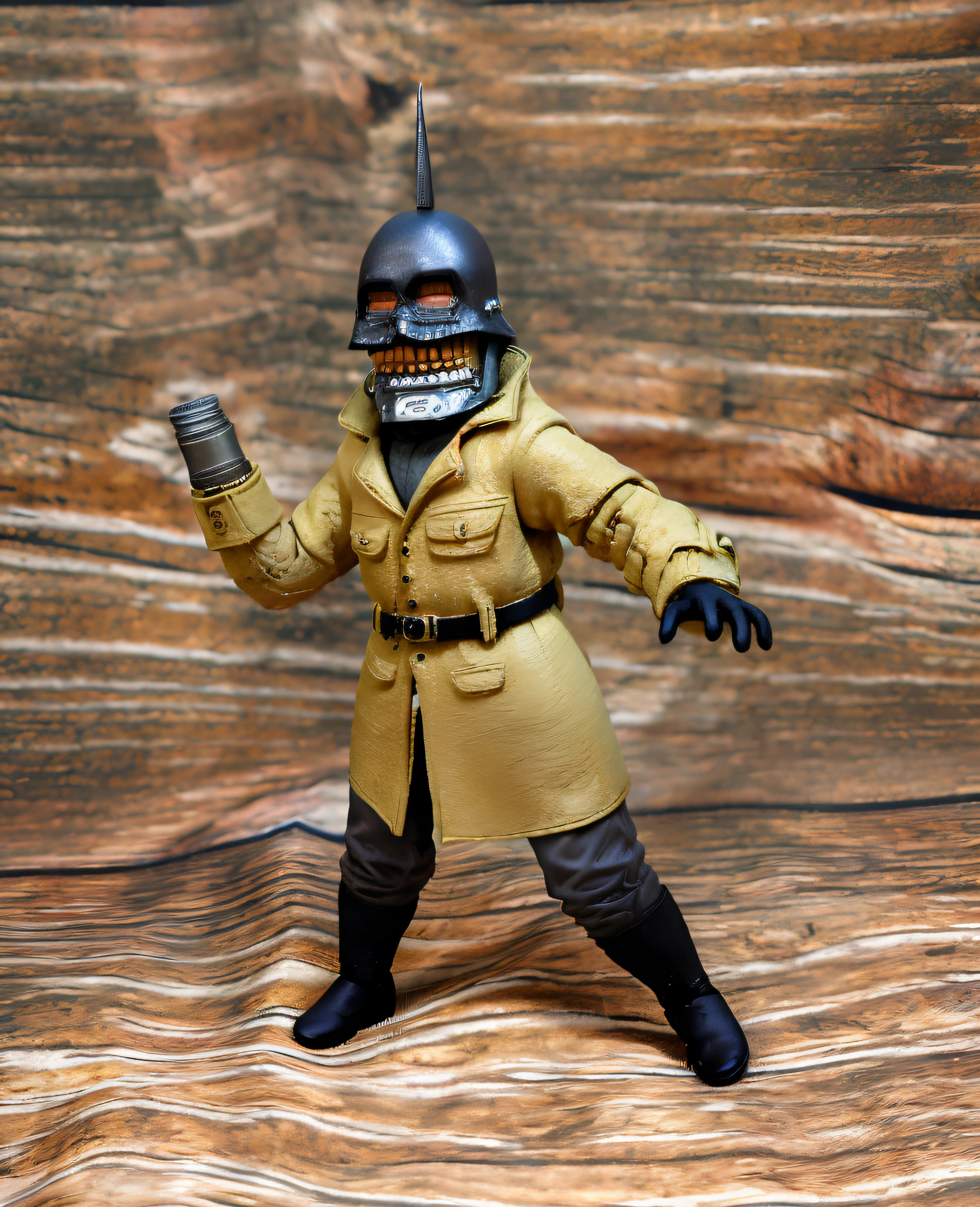 torchman, photo \(object\), 3d \(artwork\), full body view, from front position, standing, right arm bent upward, left arm thrust forward, legs apart, looking at viewer, mouth closed, dark metal helmet, gold teeth, silver mandible, mustard colour jacket, grey shirt, black belt, black glove, grey pants, black footwear