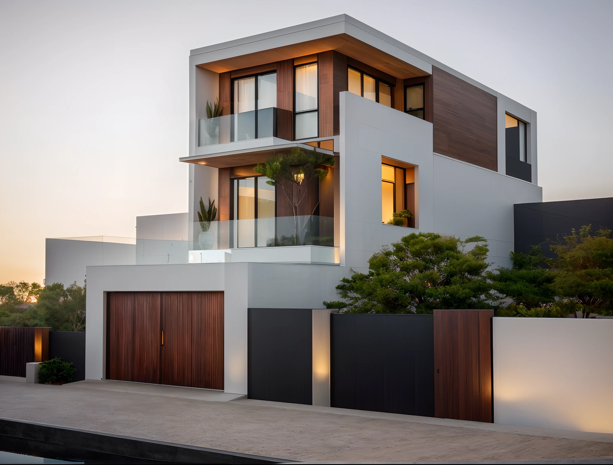 villa modern, Realistic, modernvilla,woodandbrick, exterior, sunset,glass railing,architecture,wall white, tone black, RAW photo, 8k uhd, dslr,  (high detailed skin:1.3), soft lighting, ultra quality, film grain, Fujifilm XT3, sharp image, best quality, authentic, hight quality,