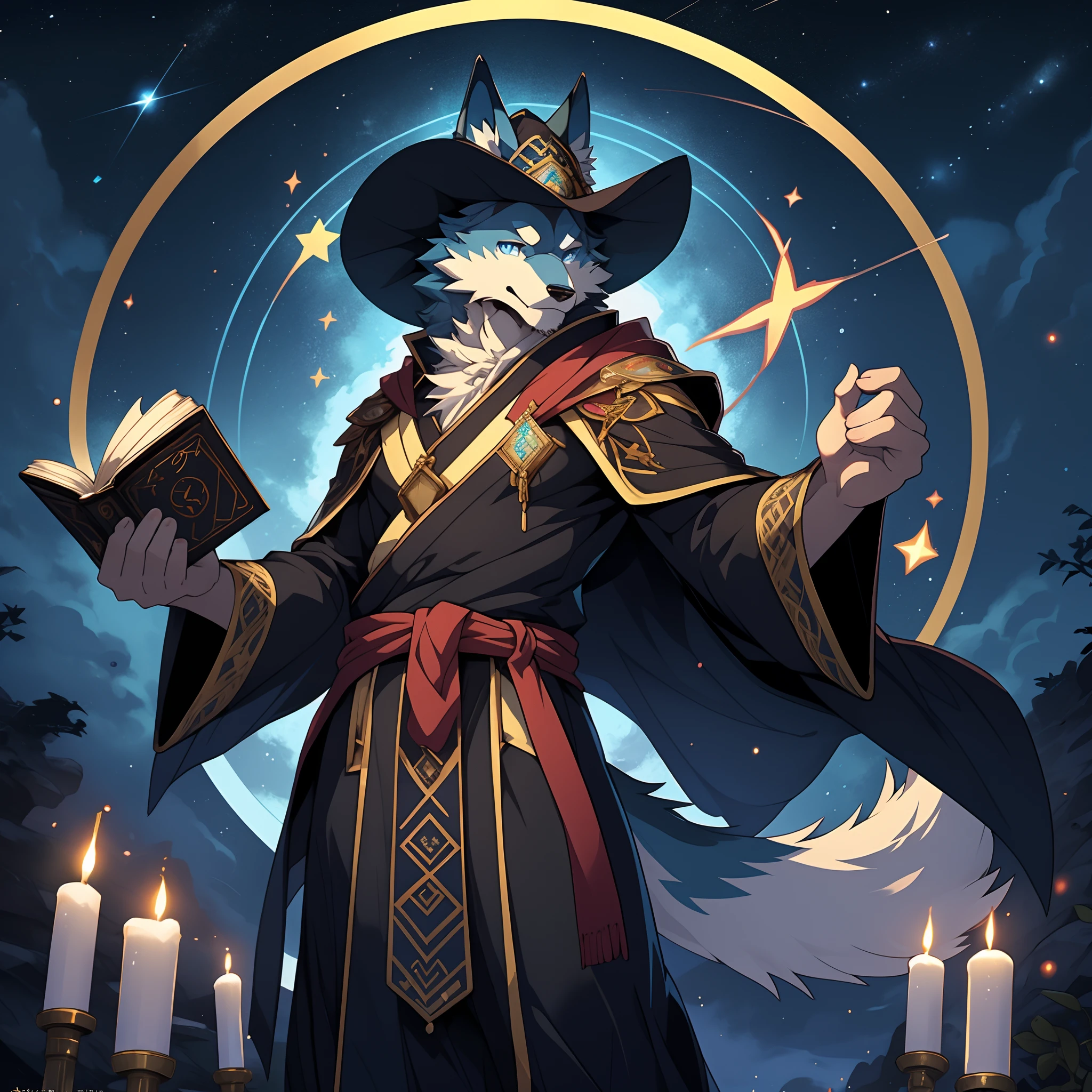 Masterpieces: Highest quality, Exquisite details, Mystery style, Magic style, Splendid and beautiful starry sky,  meteors,Floating candle flame,Divination,Dark blue wolf，male people,Lean，Robe，Mage hat，A solemn expression，Close one eye，Handsome blue eyes，The pupil has six stars，solo person，robust，The lower body of the robe is greatly raised from the top of the genitals，Holding a magic book in his right hand