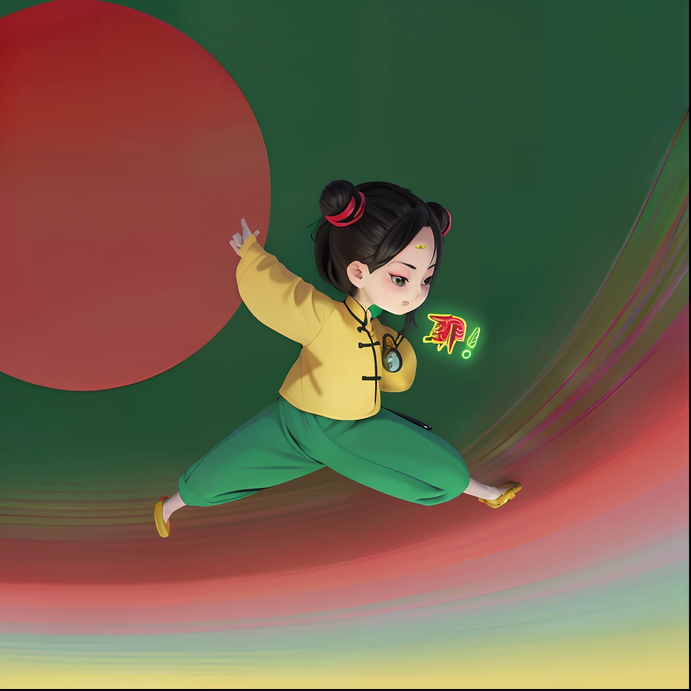 cartoon girl in yellow pants and red shirt jumping with a cell phone, green background, in the style of sifu 🔥 😎 🕹️ 👀 :2, inspired by Mi Fu, inspired by Chen Daofu, inspired by Miao Fu, dancing character, inspired by Cao Buxing, inspired by Xia Gui, inspired by Fan Qi, inspired by Lü Ji