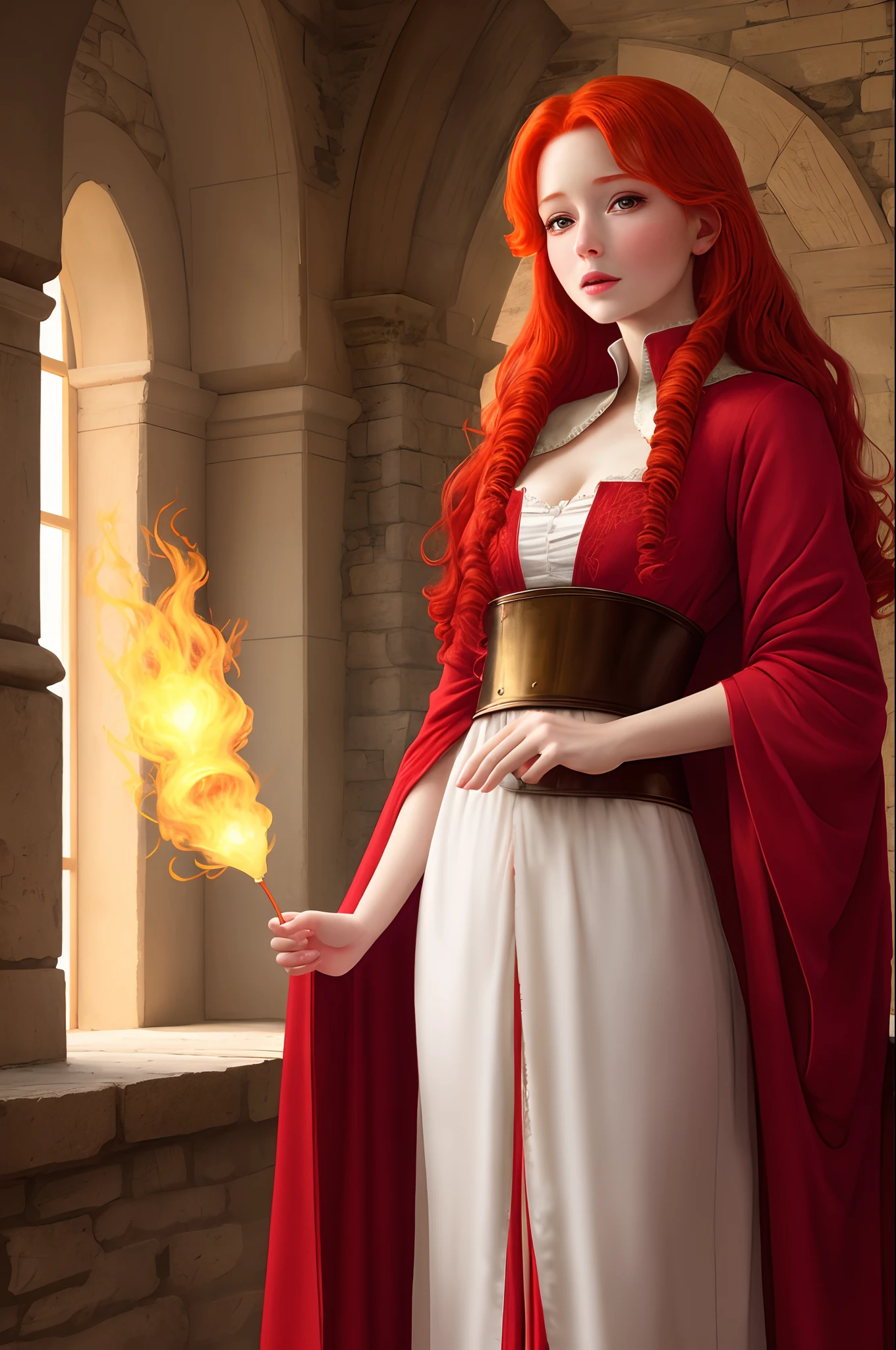 A red-haired princess in a medieval robe with subnatural powers