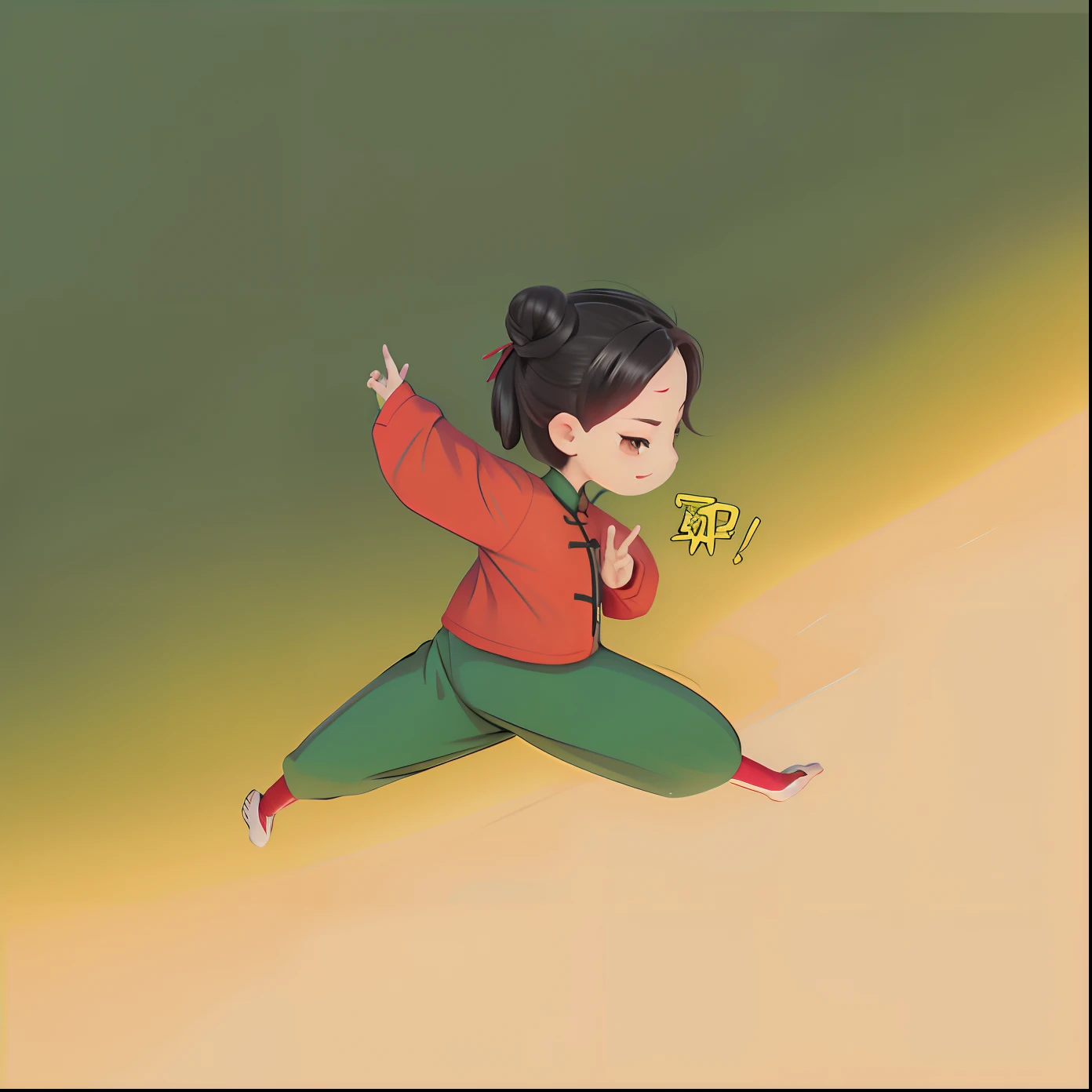 cartoon girl in yellow pants and red shirt jumping with a cell phone, green background, in the style of sifu 🔥 😎 🕹️ 👀 :2, inspired by Mi Fu, inspired by Chen Daofu, inspired by Miao Fu, dancing character, inspired by Cao Buxing, inspired by Xia Gui, inspired by Fan Qi, inspired by Lü Ji