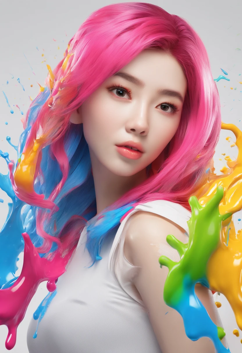 (Masterpiece, Best Quality, High Resolution), White Background, ((Paint Splash, Color Splash, Splash of Ink, Color Splash)), Sweet Chinese Girl, Rainbow Hair, Pink Lips, Front, Upper Body